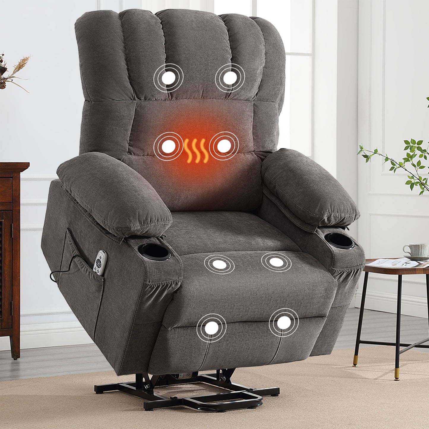 HSUNNS Recliners Lift Chair for Elderly, Living Room Cotton Recliner Chair with Massage and Heat, Single Sofa with USB Port, Cup Holder, Side and Front Pocket, Grey