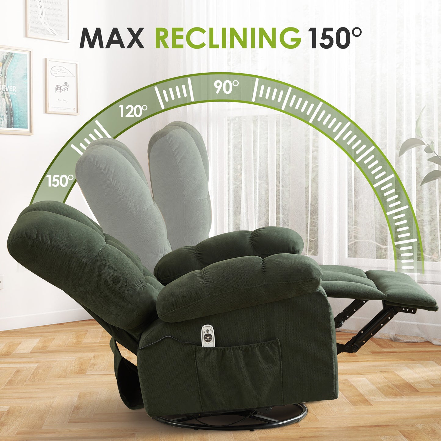 HSUNNS Oversized Swivel Recliner Chair for Adults, Living Room Fabric Recliner Chair with Massage and Heat, Single Sofa with USB Port, Side and Front Pocket, Green