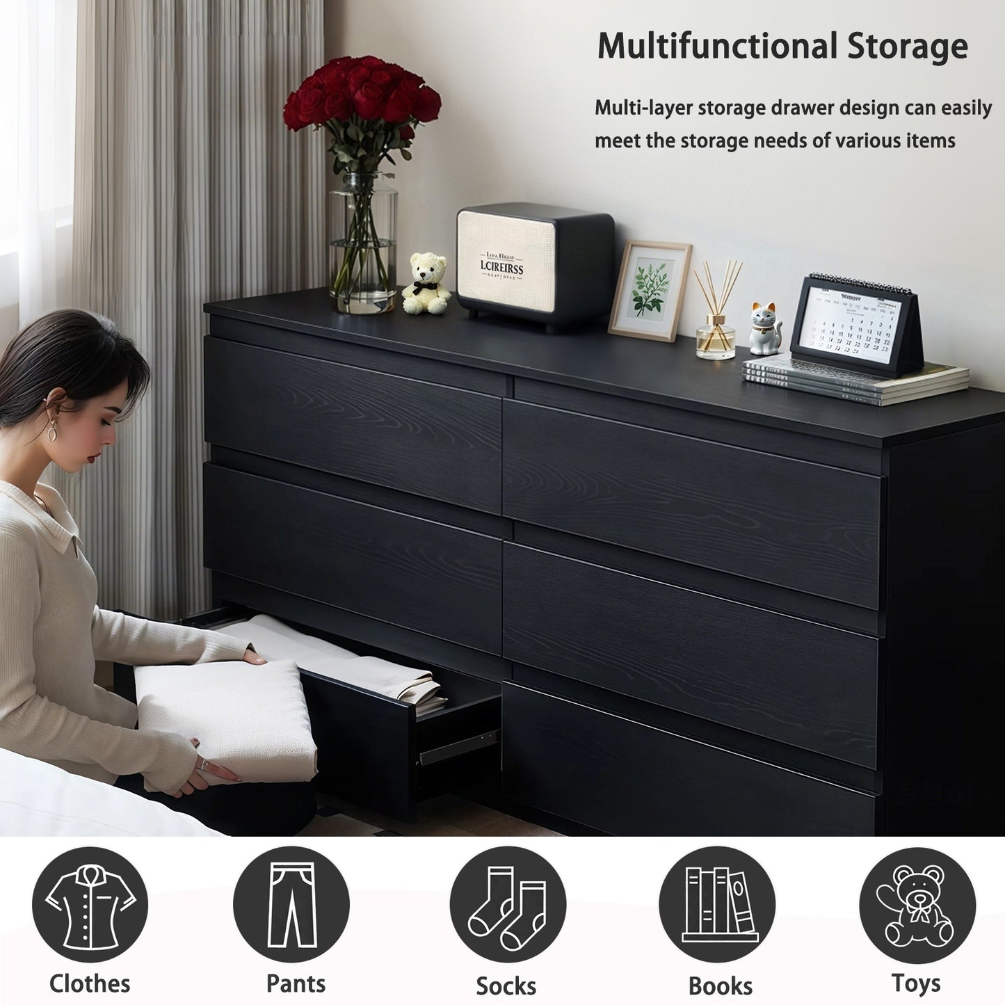 HSUNNS 6 Drawer Double Dresser, Black Storage Organizer Cabinet Chest for Bedroom Living Room