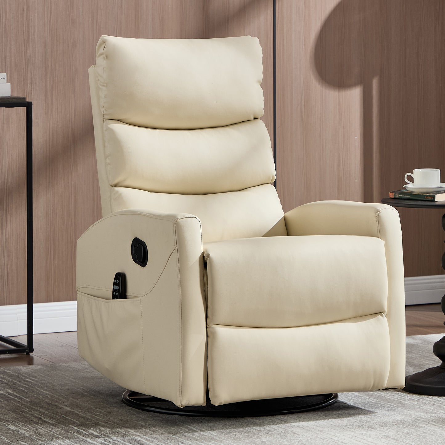 HSUNNS Swivel Rocker Recliner for Adults, Faux Leather Swivel Rocker Recliner Chair with Heat Therapy and Massage, Manual Single Rocker Sofa with Side Pockets for Living Room Home Theater