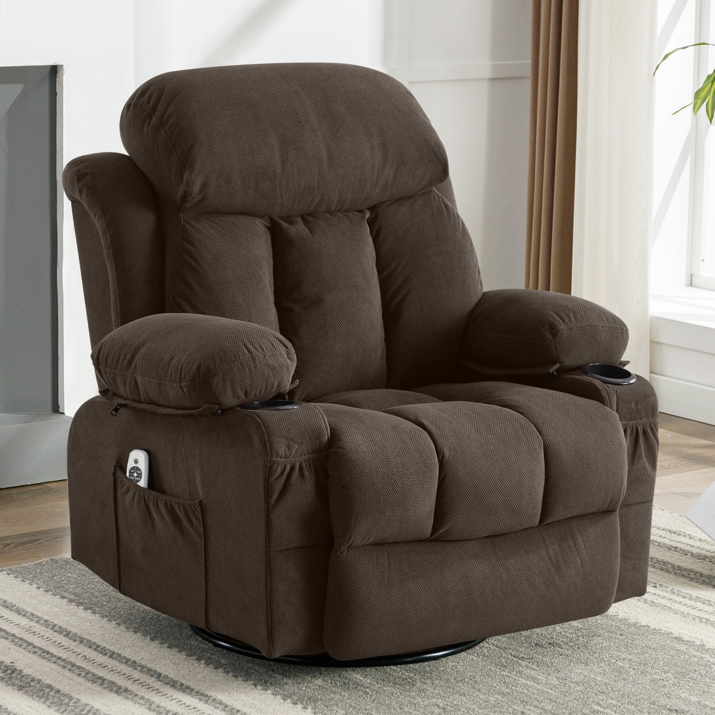 HSUNNS Manual Recliner Chair with Heat Therapy and Massage Function, Swivel Reclining Mechanism Massage Chair, Single Rocker Sofa with Cup Holders for Bedroom Home Theater, Coffee