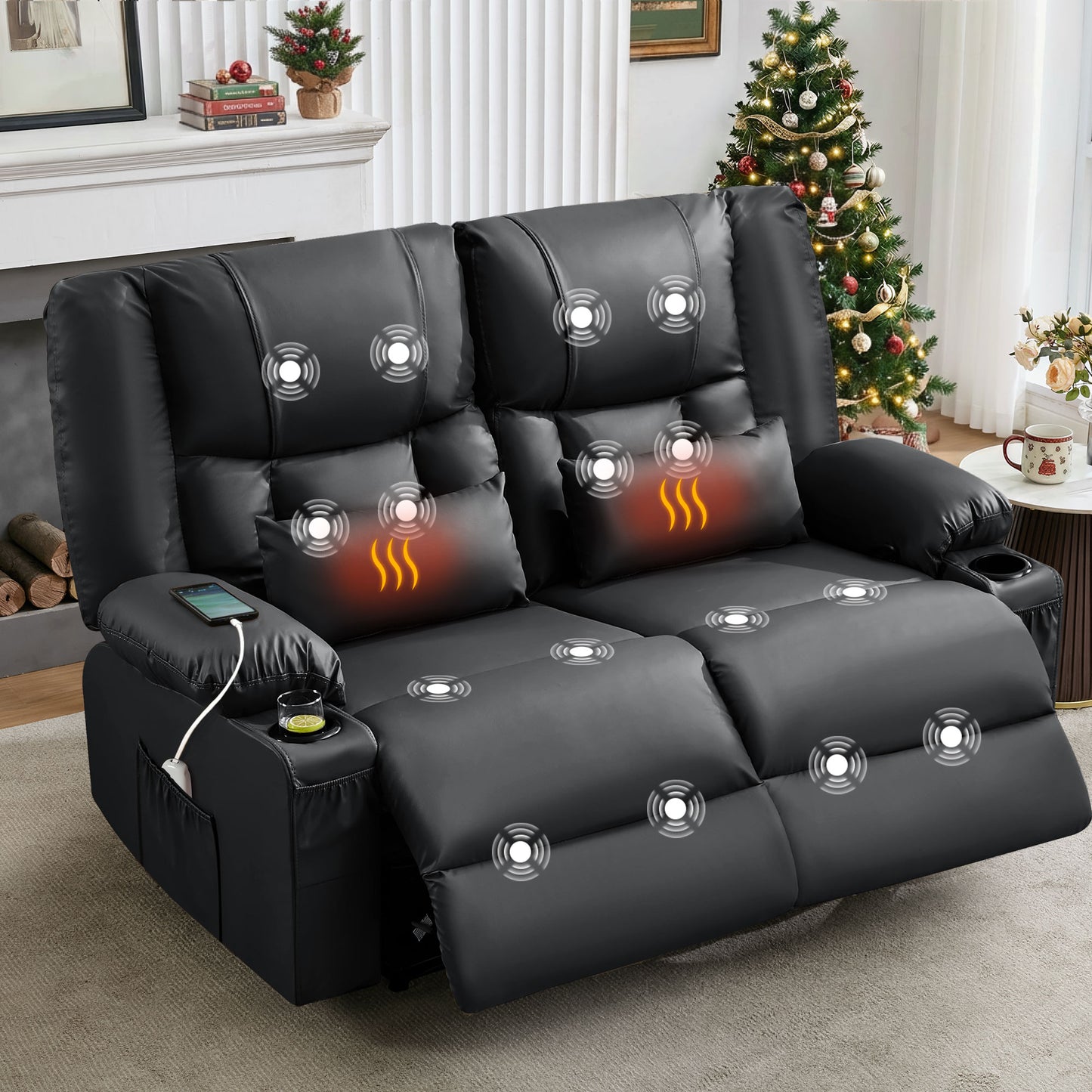 HSUNNS Recliner Loveseat with Massage & Heating, Oversized Manual Reclining Love Seat Faux Leather Sofa with Cup Holders & Side Pocket for Living Room Home Theater Seating