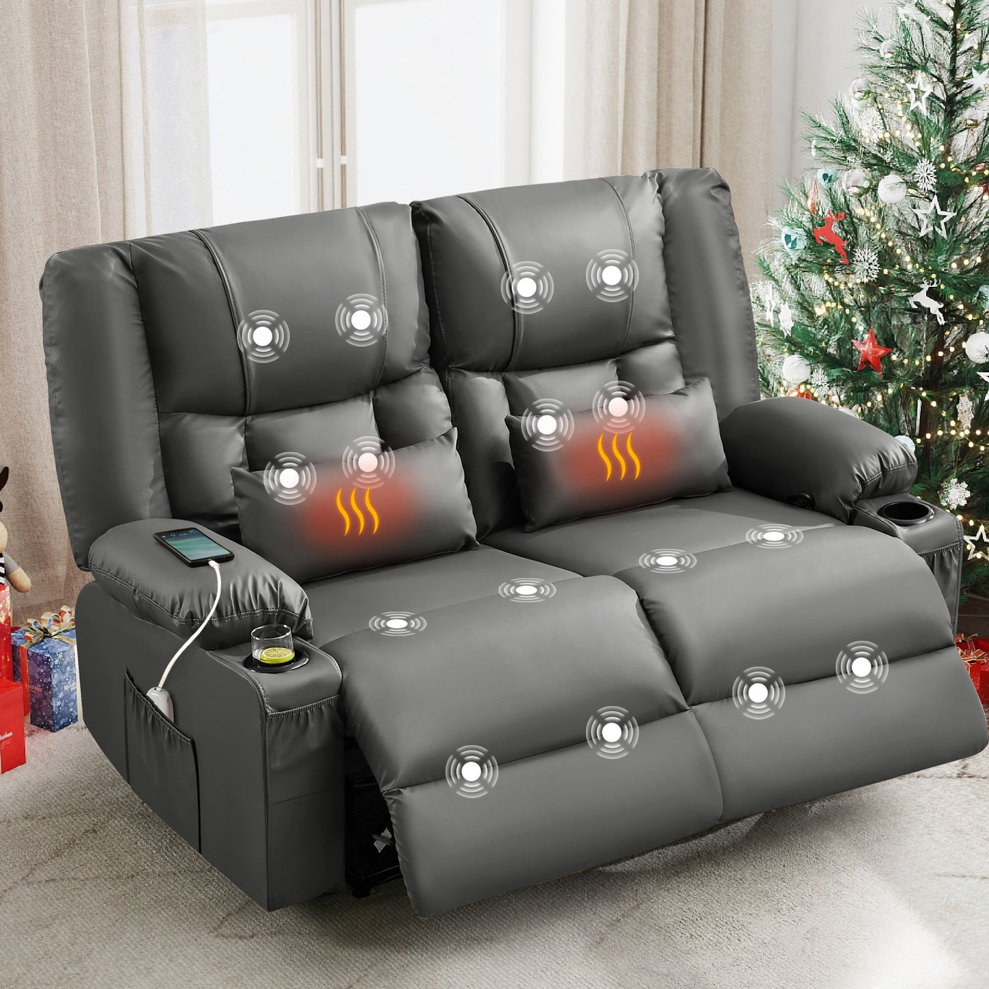 HSUNNS Recliner Loveseat with Massage & Heating, Oversized Manual Reclining Love Seat Faux Leather Sofa with Cup Holders & Side Pocket for Living Room Home Theater Seating