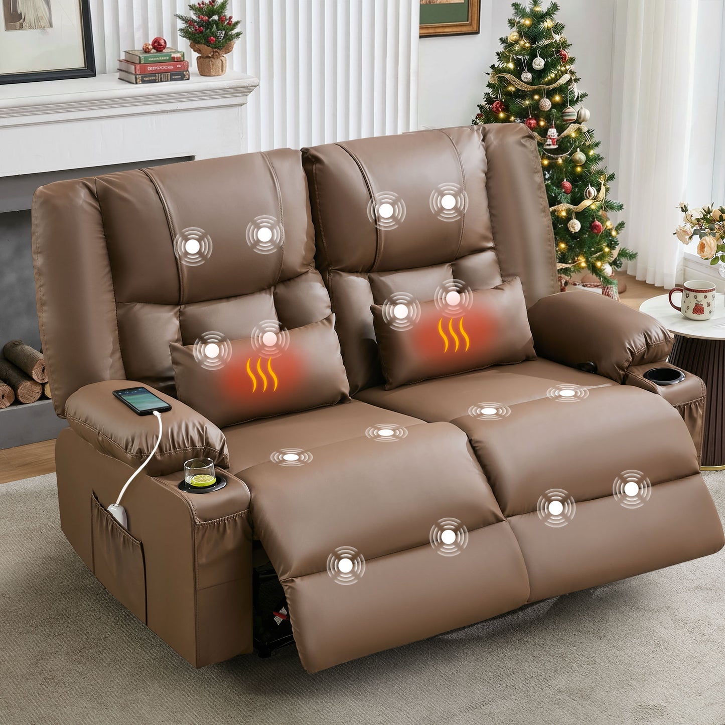 HSUNNS Recliner Loveseat with Massage & Heating, Oversized Manual Reclining Love Seat Faux Leather Sofa with Cup Holders & Side Pocket for Living Room Home Theater Seating