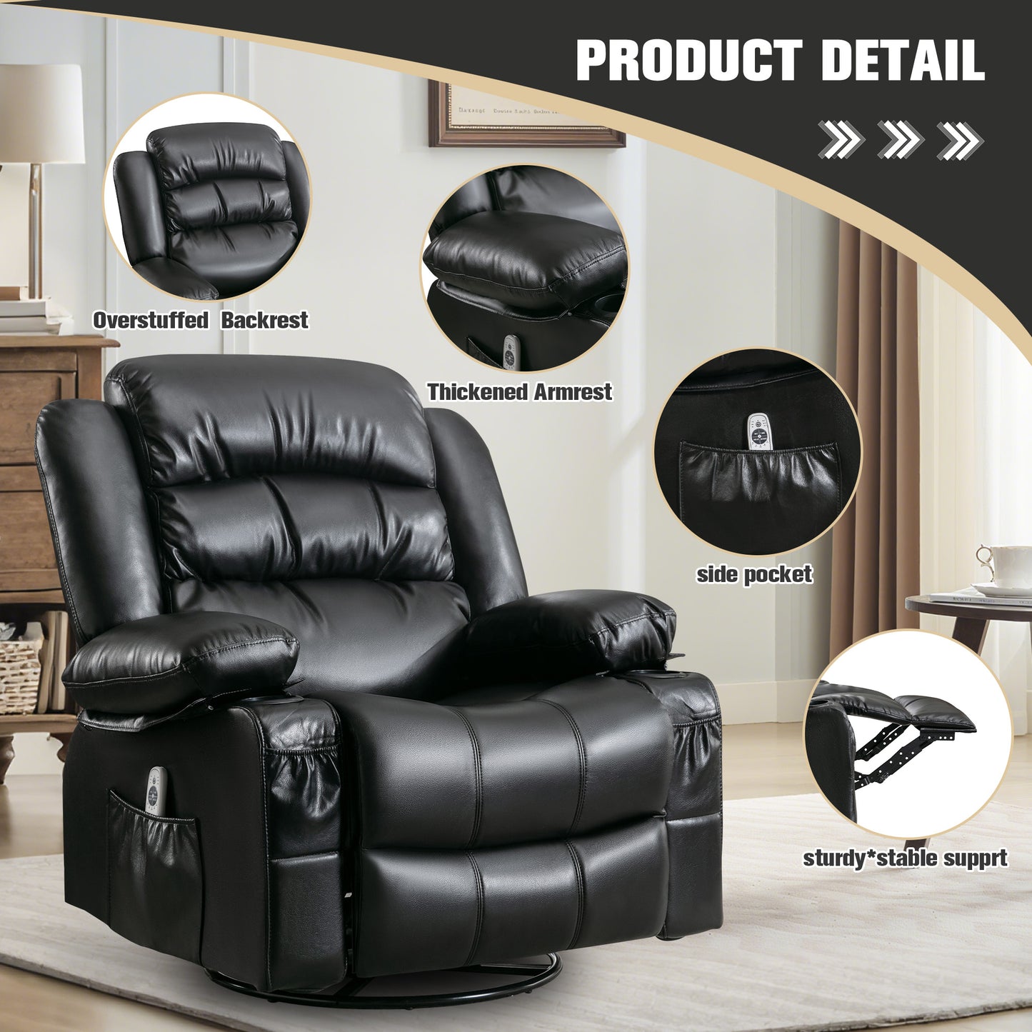 HSUNNS 360°Swivel Recliner Chair for Adults, Living Room PU Leather Recliner Chair with Massage and Heat, Single Sofa with USB Port, 2 Cup Holder, Side and Front Pocket, Black