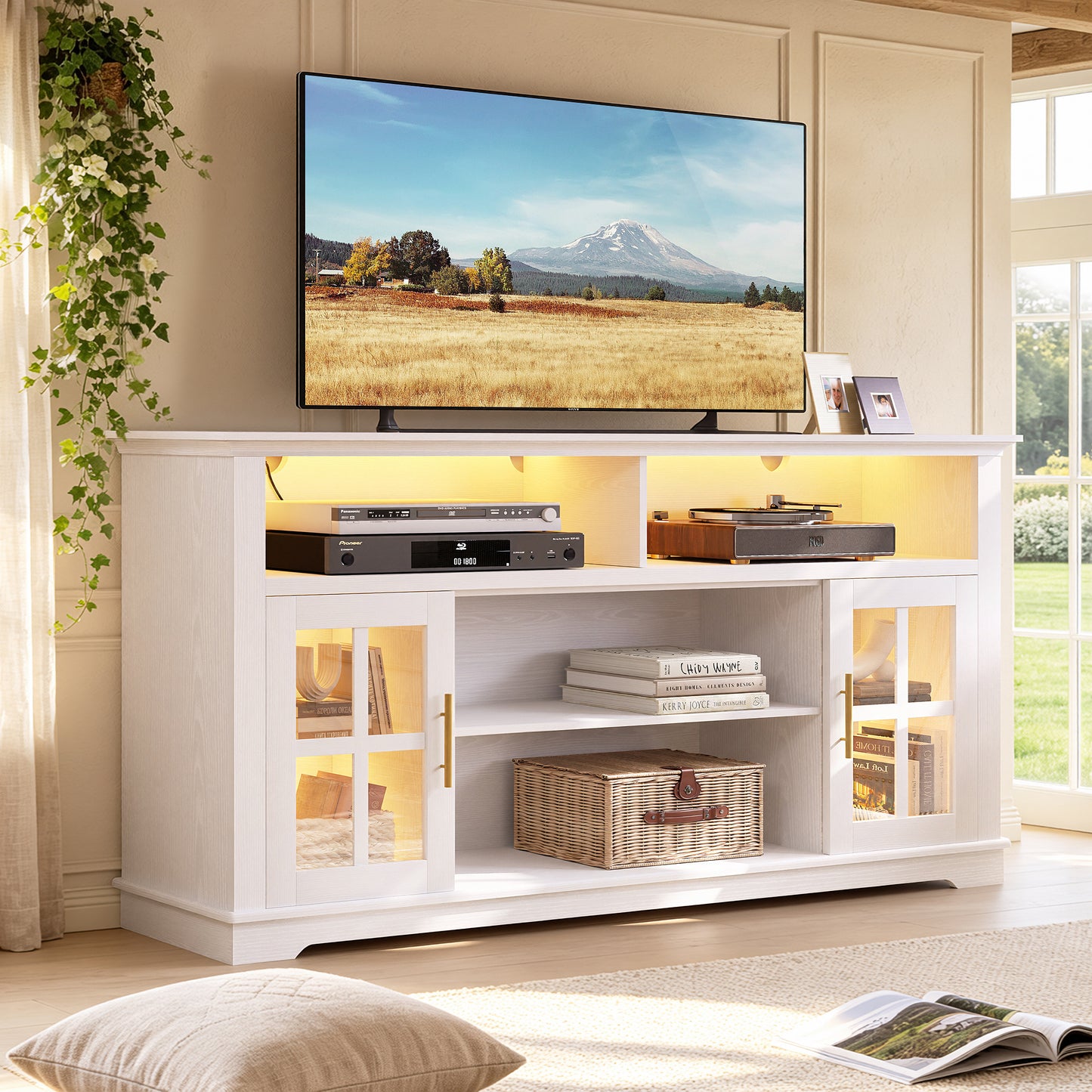 HSUNNS 63 Inch TV Stand with LED Lights for TVs up to 70 Inch, Modern Black Entertainment Center with Storage Cabinets, TV Console Media Cabinet for Living Room