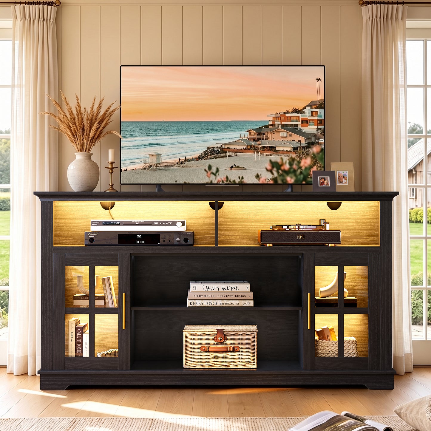 HSUNNS 63 Inch TV Stand with LED Lights for TVs up to 70 Inch, Modern Black Entertainment Center with Storage Cabinets, TV Console Media Cabinet for Living Room