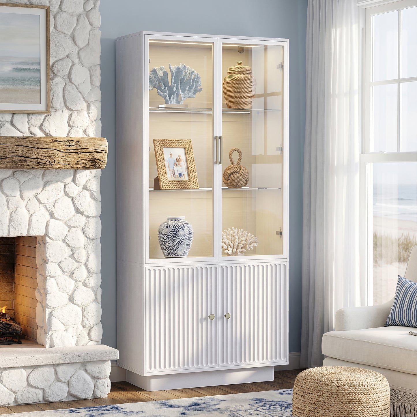 HSUNNS Display Cabinet with Glass Doors, 67" Storage Cabinet with LED Lights, Curio Cabinet, Modern Collection Display Case - Perfect for Antique Collections, Displaying Photos, Artworks