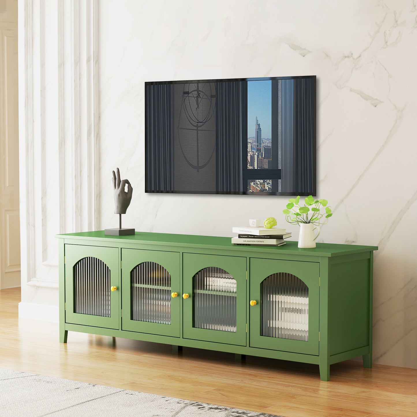 TV Media Console for 70 inch TVs, HSUNNS Modern Green TV Stand with Glass Door and Storage Cabinet, Entertainment Center for Living Room Bedroom, Size: 70.87(L) x 17.72(W) x 24.02(H)