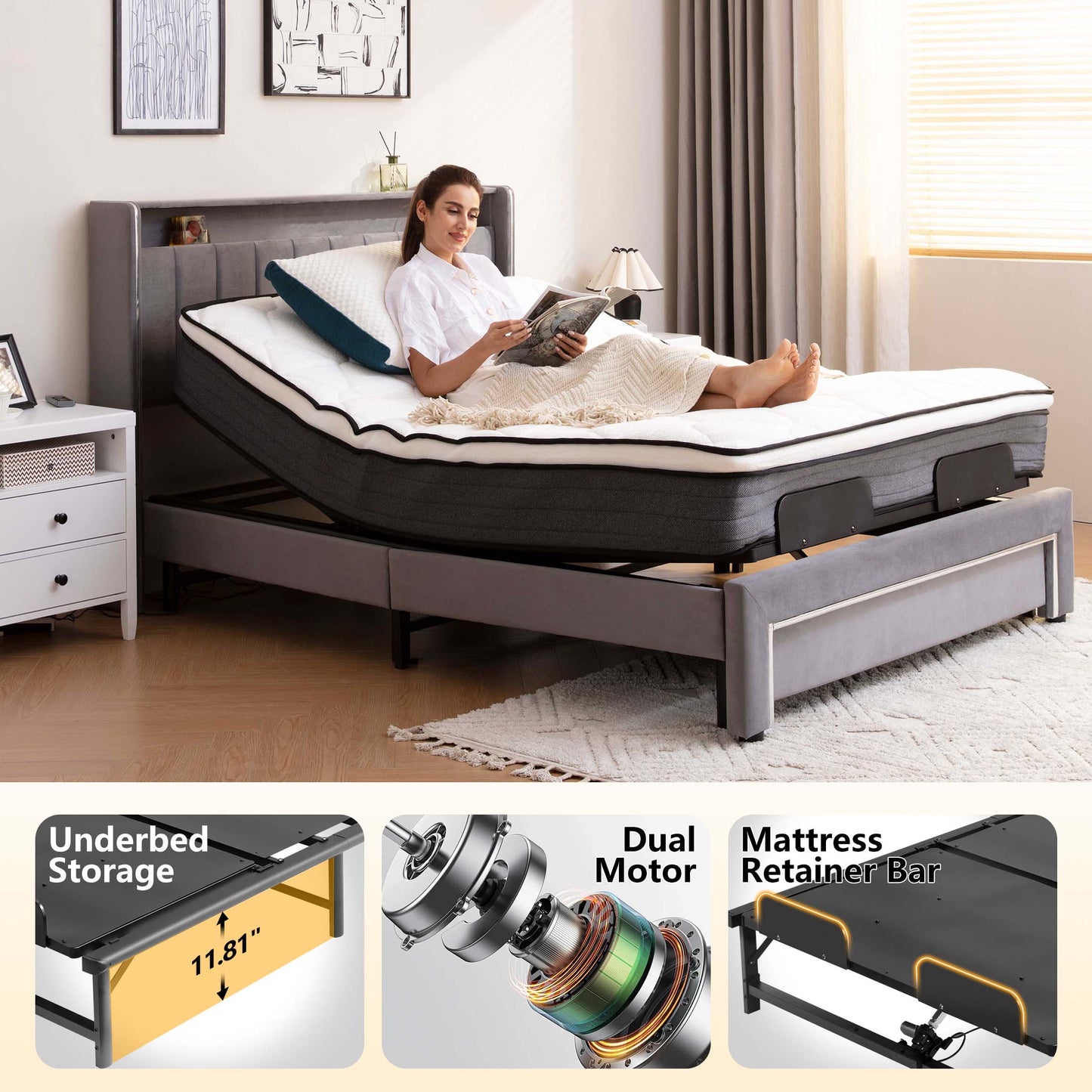 HSUNNS Electric Adjustable Bed Base Frame with Wireless Remote Head and Foot Incline, Ergonomic Power Platform Bed Base with One Touch Comfort Positions, Advanced Smooth Silent Operation, Queen