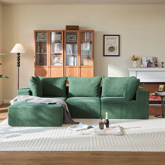 110" Sectional Sofa Couch for Living Room, 3-Seat L-Shape Compression Sofa with Chaise Lounge, Zipped Removable Cover, Modular Couch in a Box with 5 Pillows, Green
