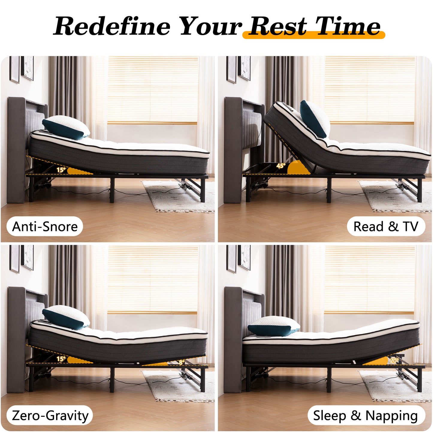 HSUNNS Electric Adjustable Bed Base Frame with Wireless Remote Head and Foot Incline, Ergonomic Power Platform Bed Base with One Touch Comfort Positions, Advanced Smooth Silent Operation, Queen
