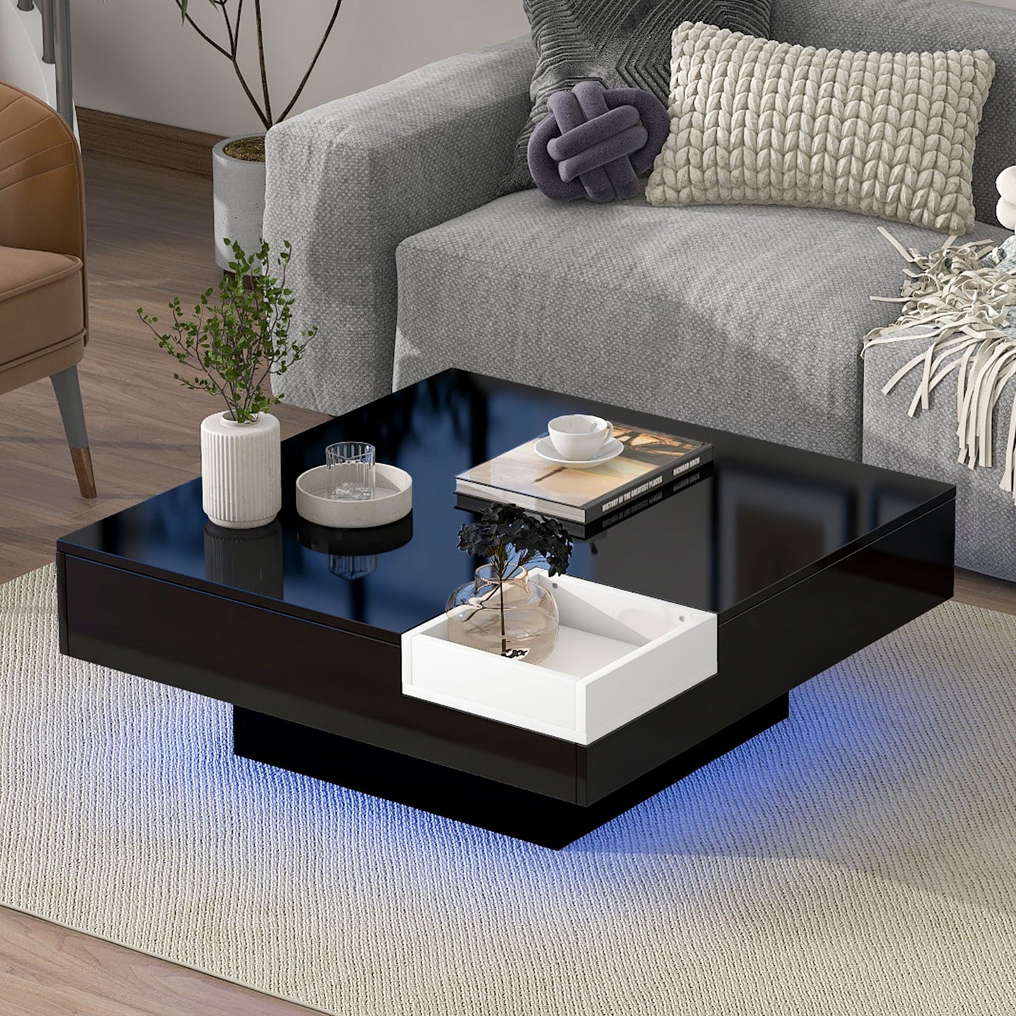 Square Coffee Table with LED Lights, HSUNNS Modern High Gloss White LED Coffee Table, End Side Table Sofa Centre Table with Detachable Tray|Remote Control 16 LED Lights, 31.5x31.5 in