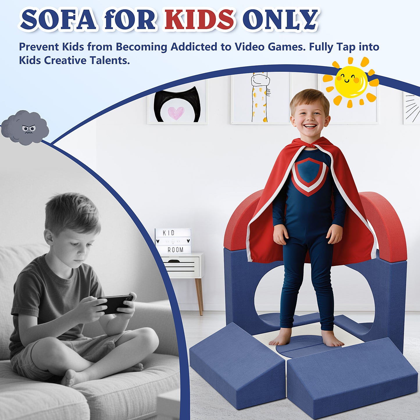 18PCS Modular Kids Play Couch, HSUNNS Velvet Kids' Sofa with Removable Cover, Convenient Storage, DIY Creativing Modular Kids Sofa for Playroom, Bedroom, CPC Certification, Sectional Sofa for 3-10