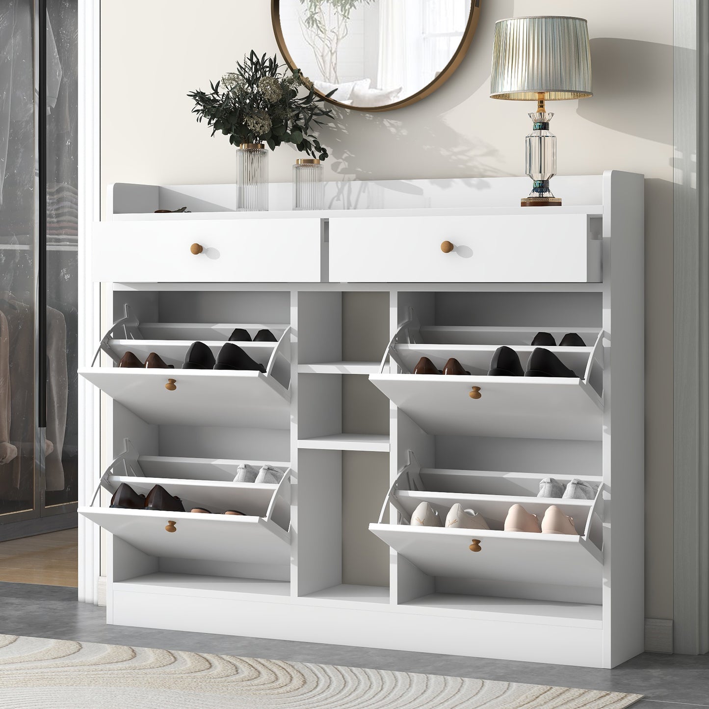 Shoe Storage Cabinet, HSUNNS 20Pair Shoe Rack Organizer with 2 Flip Drawers  for Entryway, Free Standing Shoe Storage Rack with Drawers and Open Shelf,  White 