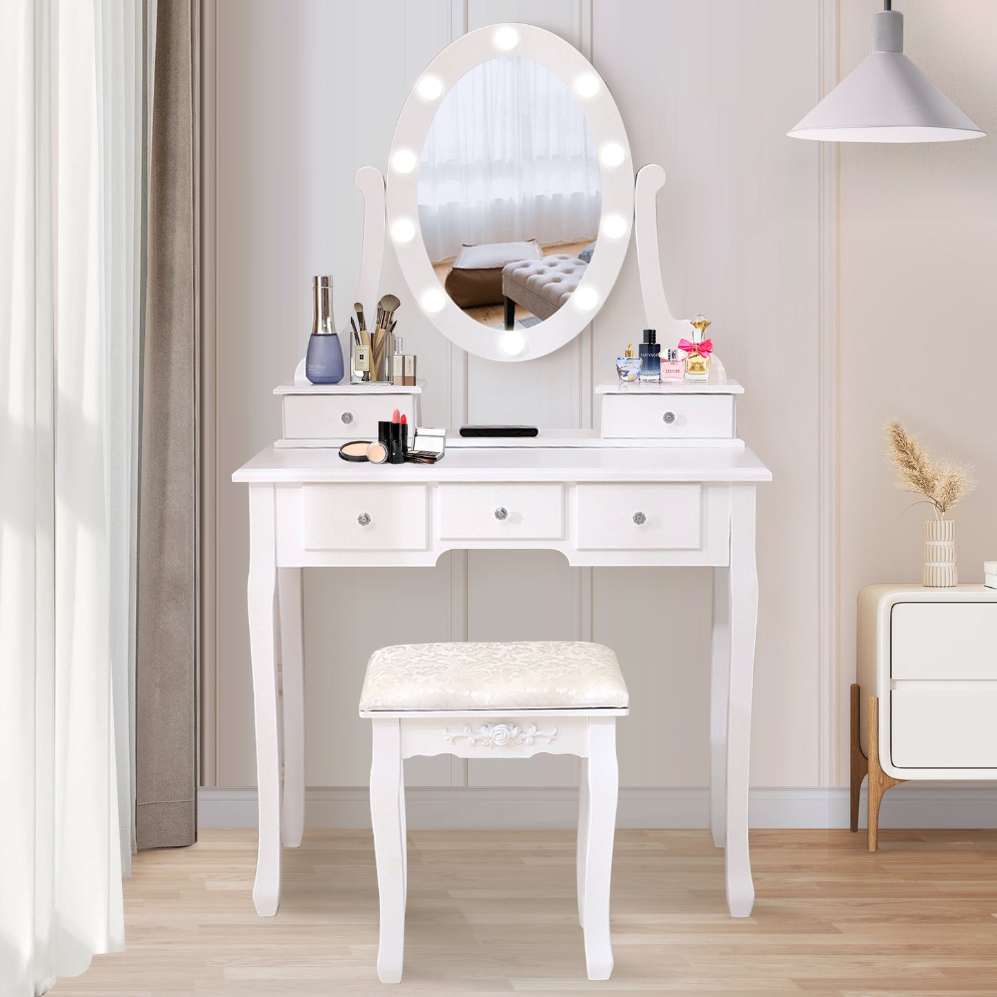 HSUNNS Vanity Set with Mirror, 2 Drawers Makeup Dressing Desk with Cushioned Stool Set, Vintage Style Makeup Vanity Table Desk with Large Mirror, Bedroom Vanities Set for Women and Girls, White
