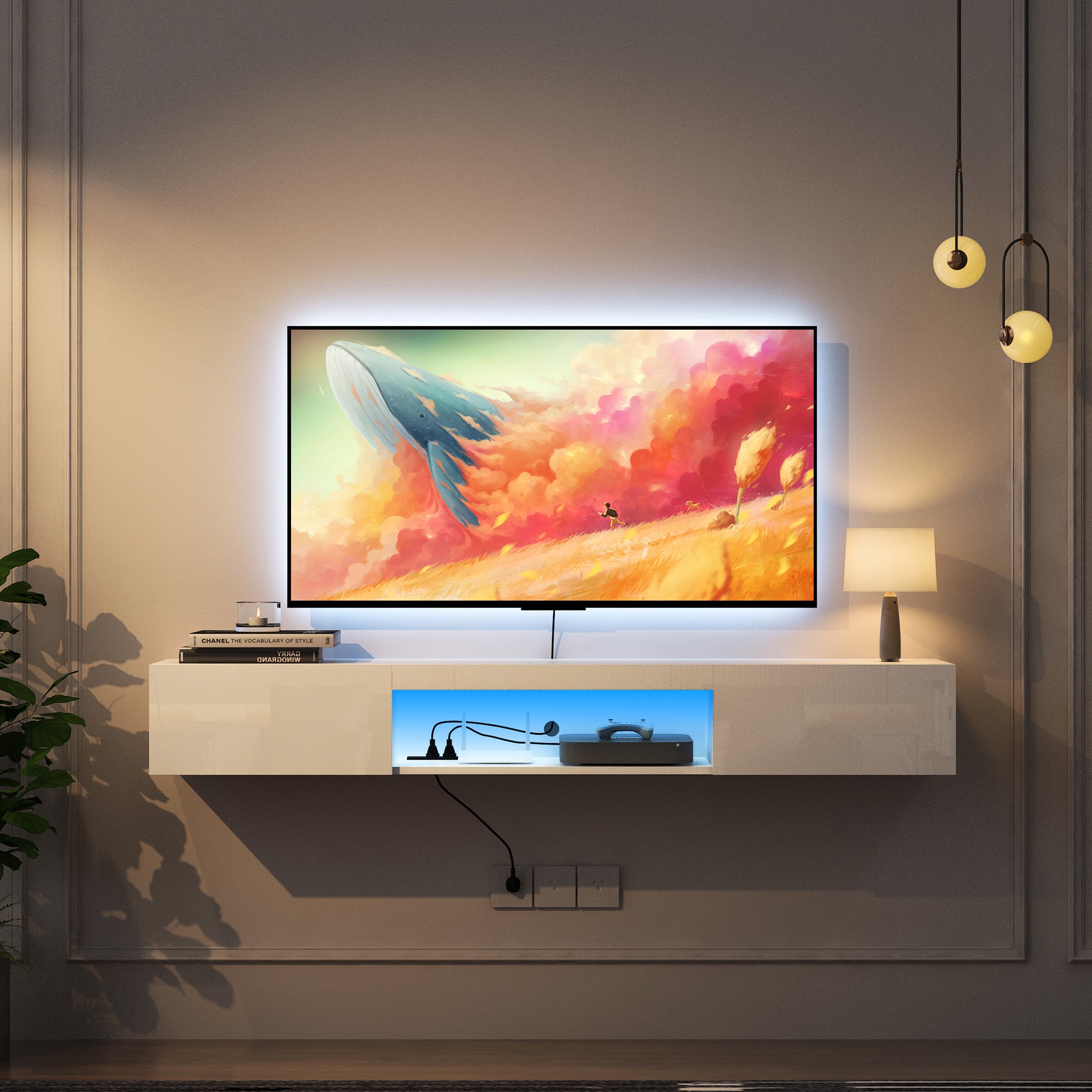 White floating tv stand shop 65 inch