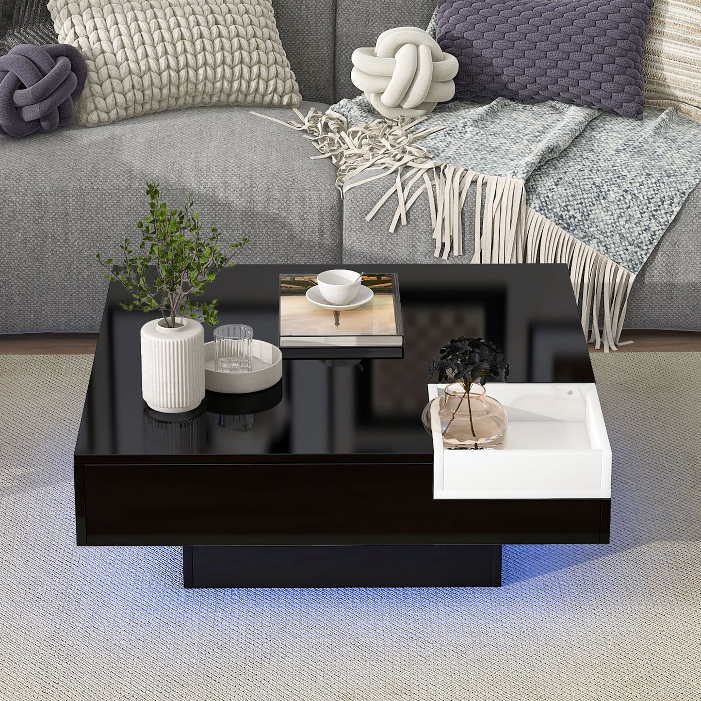 Square Coffee Table with LED Lights, HSUNNS Modern High Gloss White LED Coffee Table, End Side Table Sofa Centre Table with Detachable Tray|Remote Control 16 LED Lights, 31.5x31.5 in