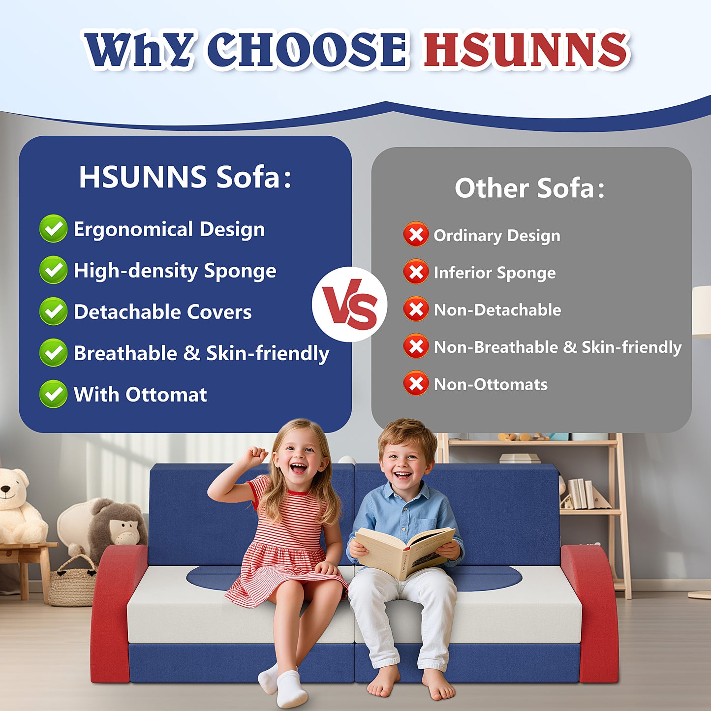 18PCS Modular Kids Play Couch, HSUNNS Velvet Kids' Sofa with Removable Cover, Convenient Storage, DIY Creativing Modular Kids Sofa for Playroom, Bedroom, CPC Certification, Sectional Sofa for 3-10