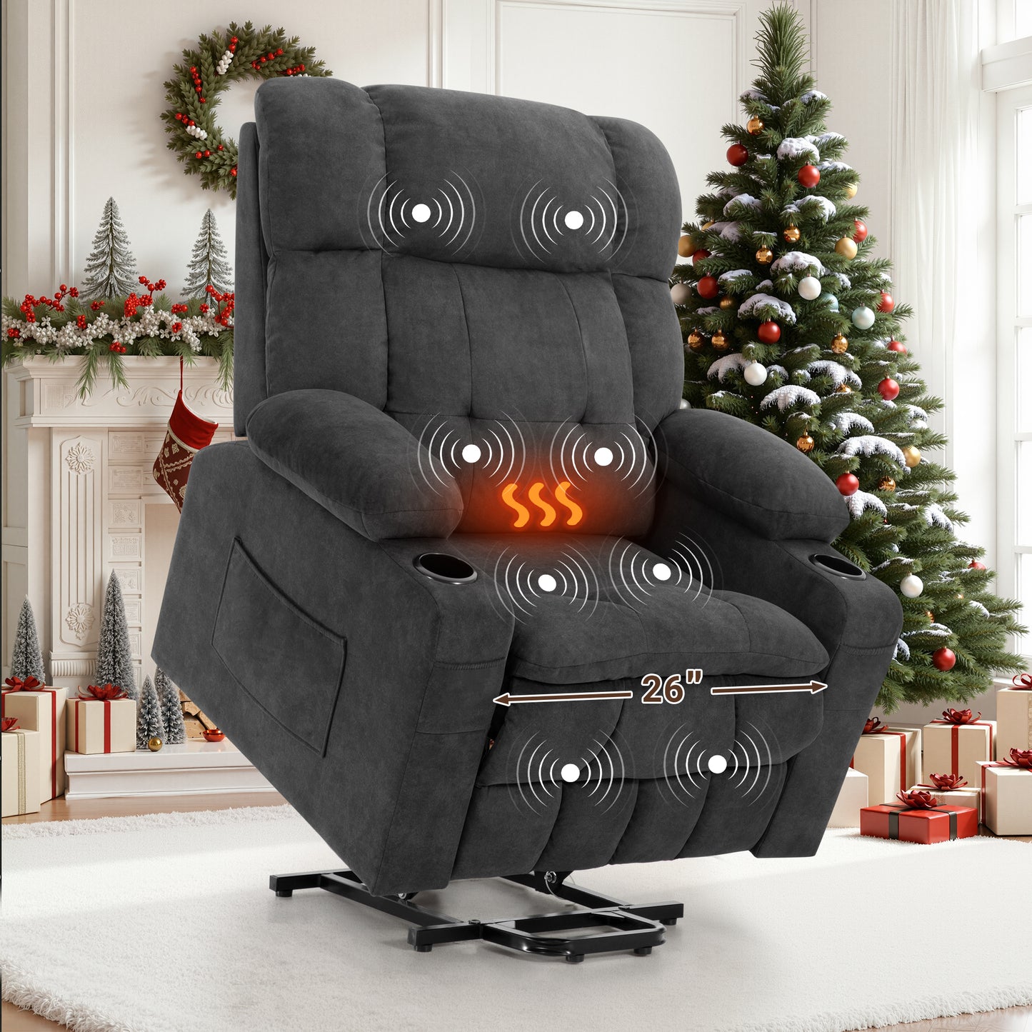 HSUNNS Oversized Power Lift Recliner Chair with Massage and Heat for Elderly Big and Tall People, Overstuffed Wide Recliners with 2 Cup Holders, Side Pocket for Living Room, Single Sofa