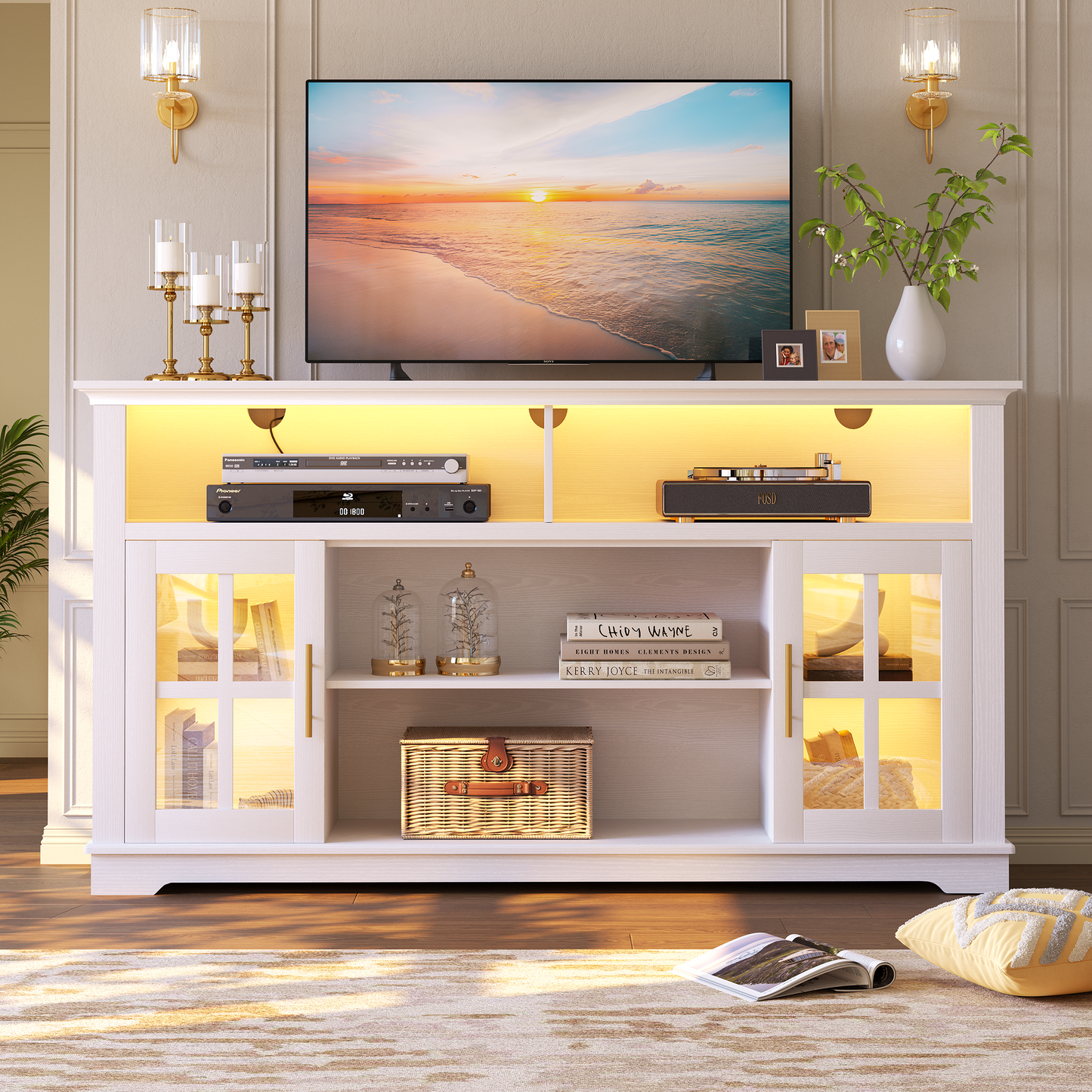 HSUNNS 63 Inch TV Stand with LED Lights for TVs up to 70 Inch, Modern Black Entertainment Center with Storage Cabinets, TV Console Media Cabinet for Living Room