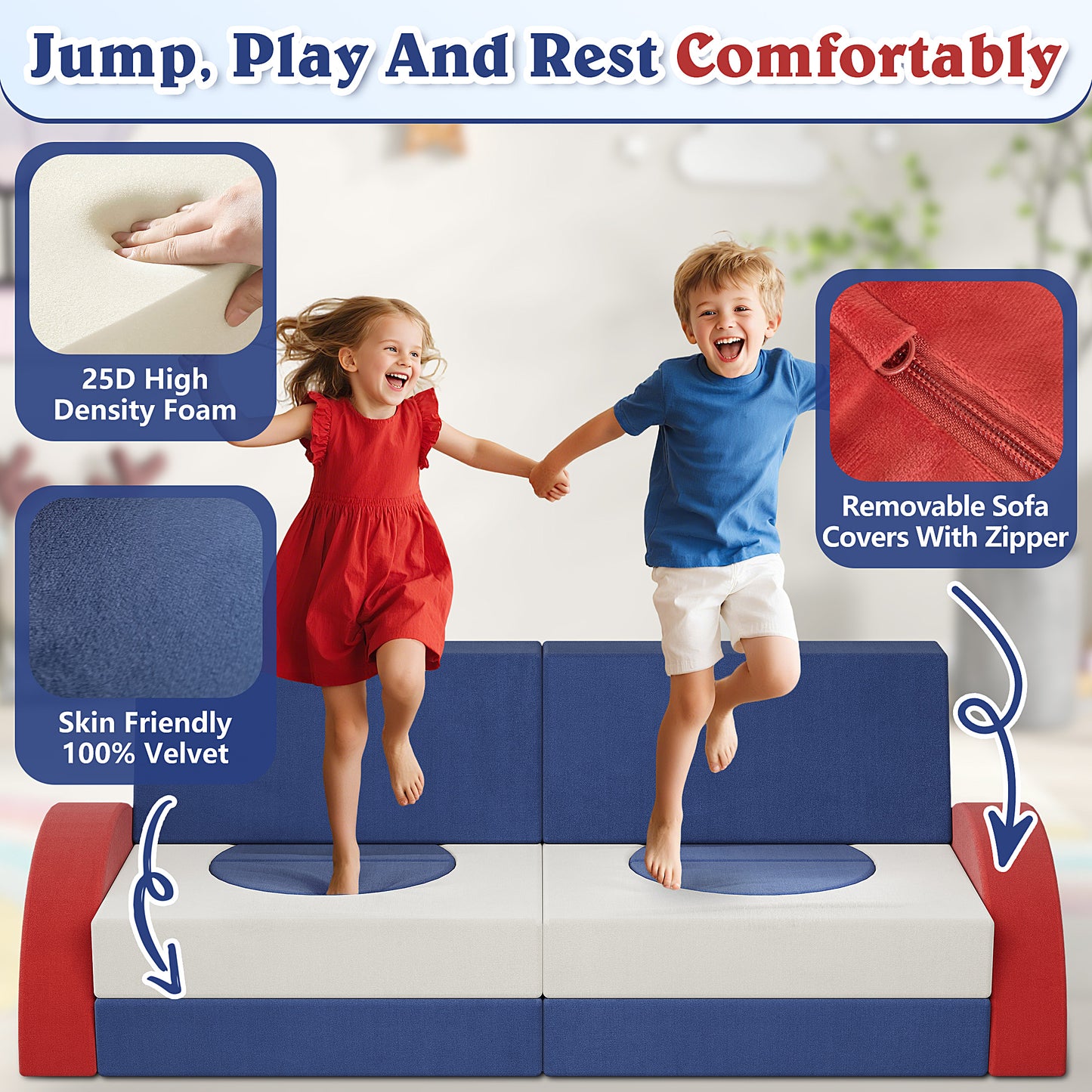 18PCS Modular Kids Play Couch, HSUNNS Velvet Kids' Sofa with Removable Cover, Convenient Storage, DIY Creativing Modular Kids Sofa for Playroom, Bedroom, CPC Certification, Sectional Sofa for 3-10