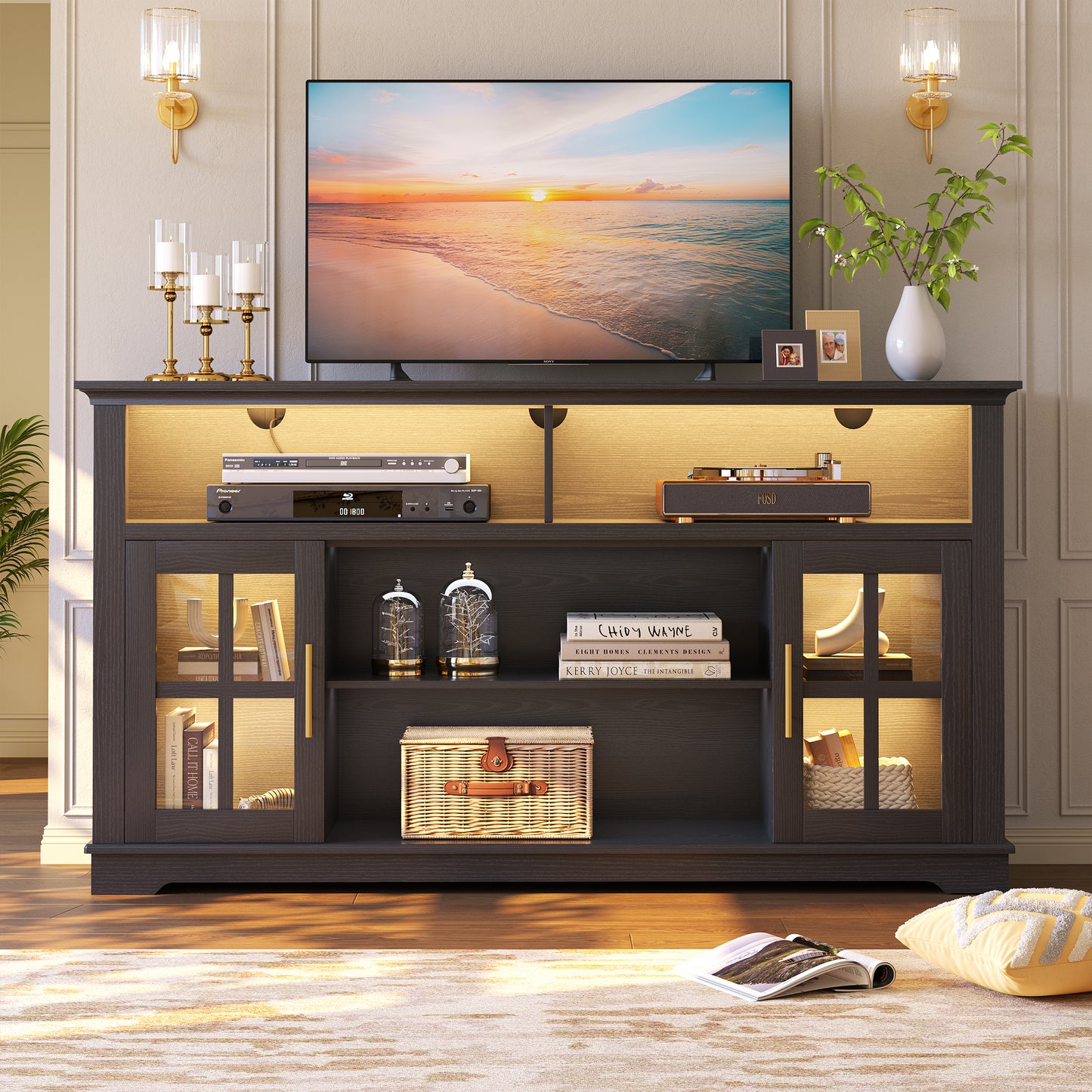 HSUNNS 63 Inch TV Stand with LED Lights for TVs up to 70 Inch, Modern Black Entertainment Center with Storage Cabinets, TV Console Media Cabinet for Living Room