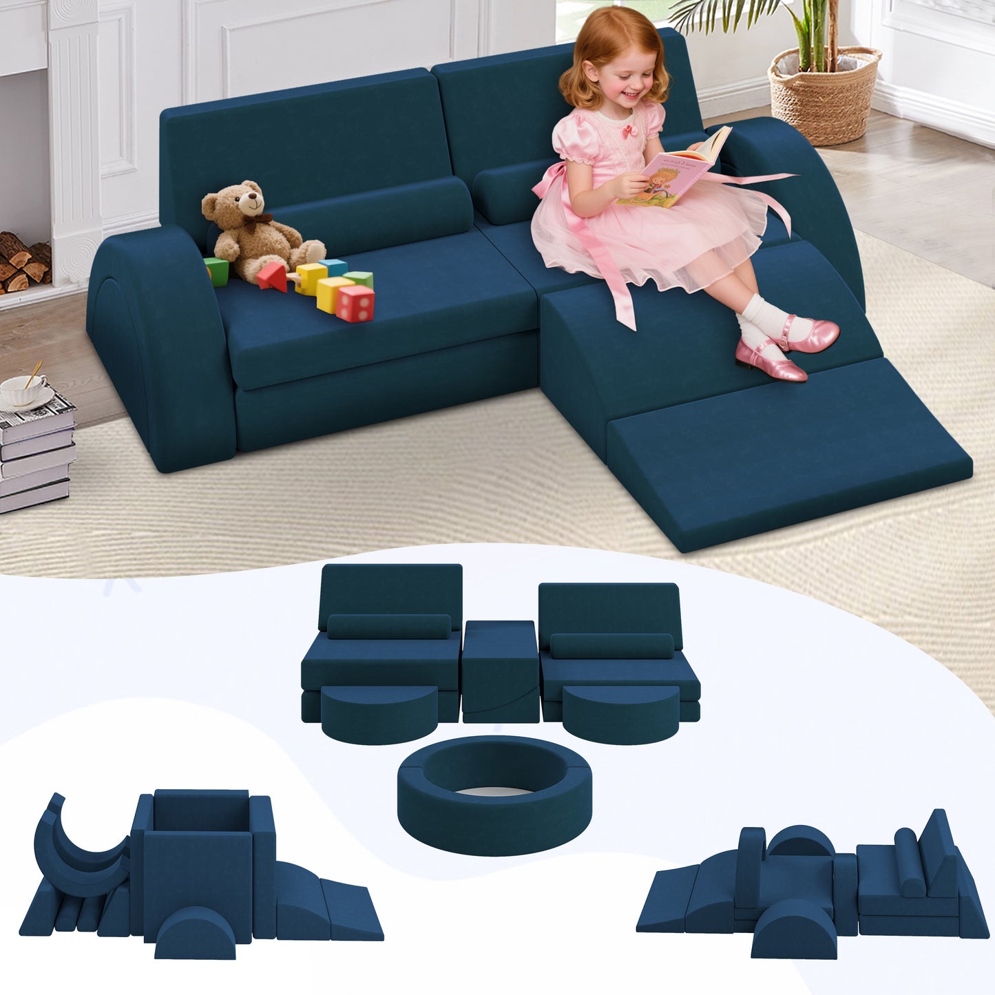 HSUNNS 11 PCS Nugget Couch Kids for 2-7 Years, Sponge Huddle Couch Modular Toddler Sofa for Playroom and Living Room, Fold Out Couch Play Set for Imaginative Boy Girl, Pink