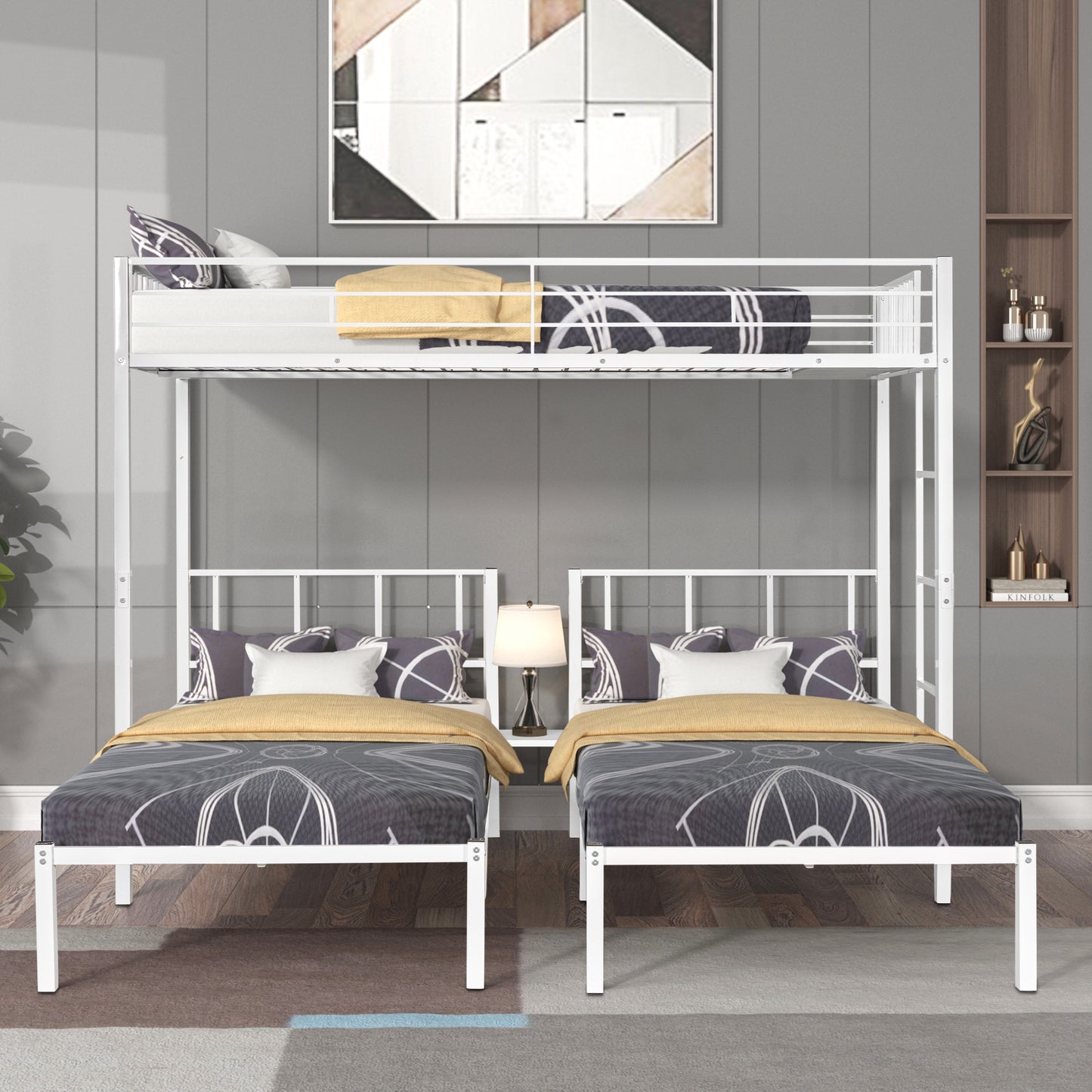 HSUNNS Metal Triple Bed Twin Over Twin&Twin for Kids, Modern Triple Bunk Bed with Guardrails and Ladder, Separable into 3 Platform Bed with Headboard, White Twin Bed Frame for Boys Girls