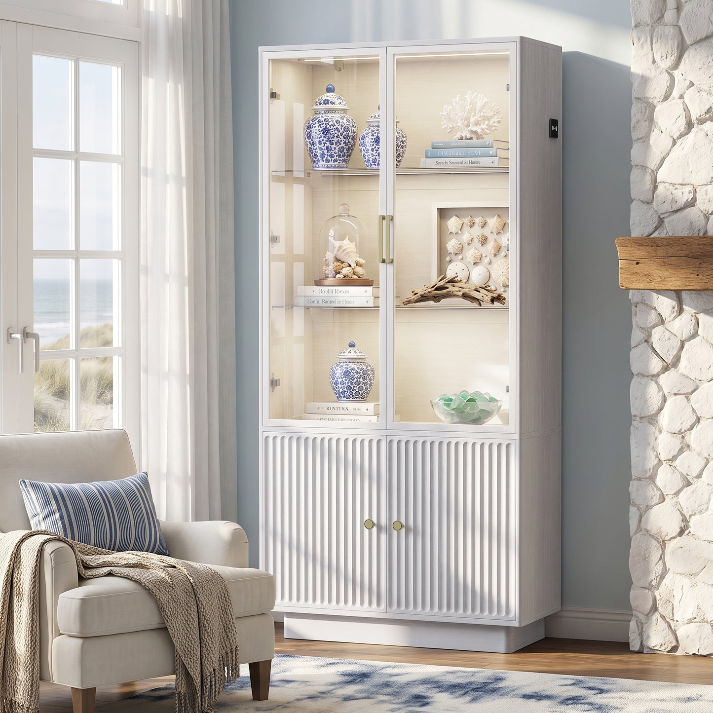 HSUNNS Display Cabinet with Glass Doors, 67" Storage Cabinet with LED Lights, Curio Cabinet, Modern Collection Display Case - Perfect for Antique Collections, Displaying Photos, Artworks