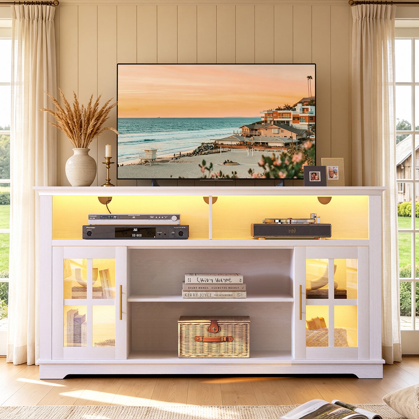 HSUNNS 63 Inch TV Stand with LED Lights for TVs up to 70 Inch, Modern Black Entertainment Center with Storage Cabinets, TV Console Media Cabinet for Living Room