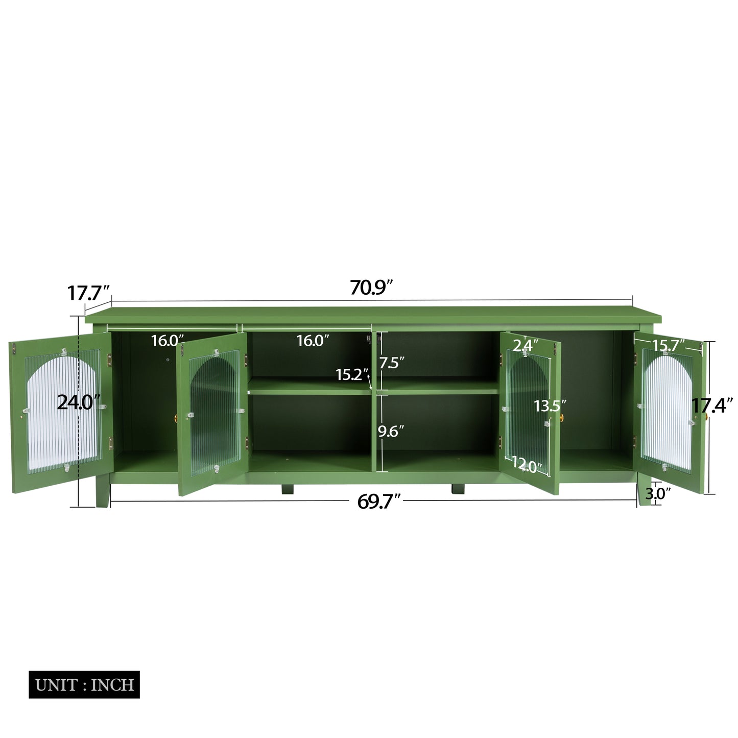 TV Media Console for 70 inch TVs, HSUNNS Modern Green TV Stand with Glass Door and Storage Cabinet, Entertainment Center for Living Room Bedroom, Size: 70.87(L) x 17.72(W) x 24.02(H)