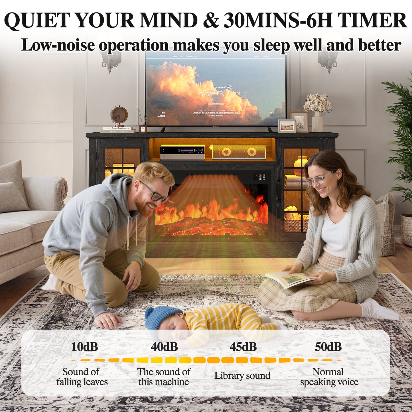 HSUNNS Fireplace Electric TV Stand TV with LED Light, Modern Entertainment Center With Virtual Flame Fireplace, 2 Cabinet Storage, Glass Door, Storage Shelves, Black