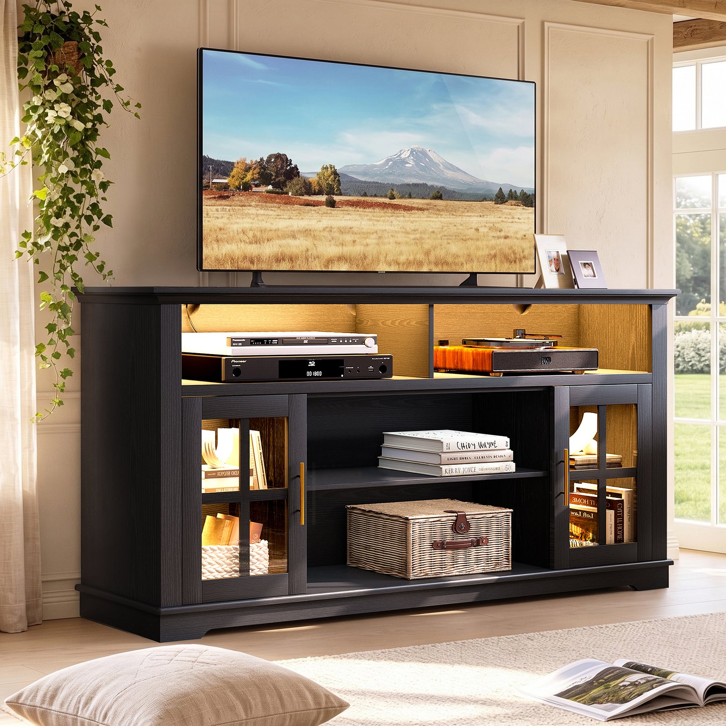 HSUNNS 63 Inch TV Stand with LED Lights for TVs up to 70 Inch, Modern Black Entertainment Center with Storage Cabinets, TV Console Media Cabinet for Living Room