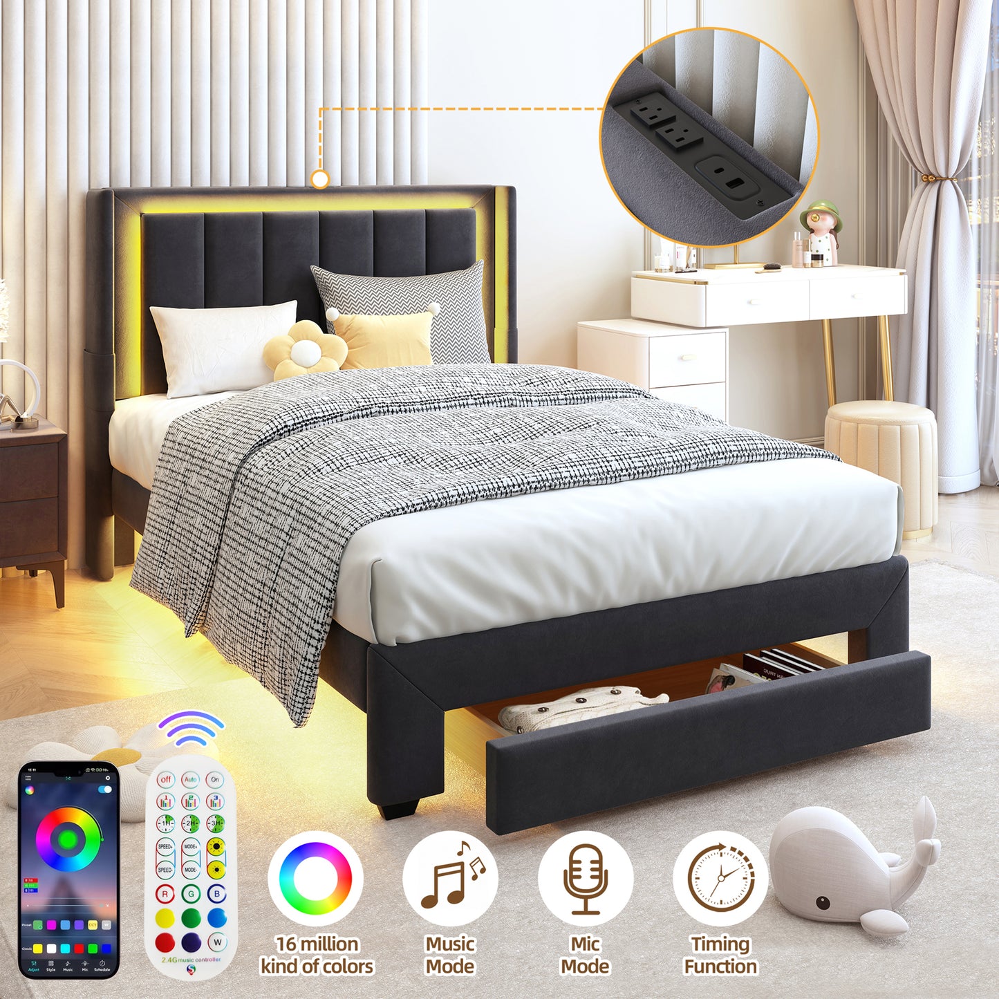 HSUNNS Twin Bed Frame with LED Lights and Charging Station, Twin Platform Bed Frame with Storage Drawer, Motion Sensor Night Light, Soft Fabric Headboard, No Box Spring Needed