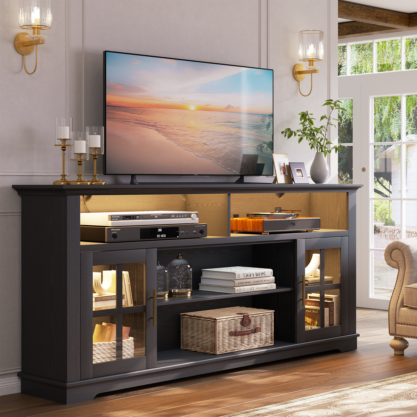 HSUNNS 63 Inch TV Stand with LED Lights for TVs up to 70 Inch, Modern Black Entertainment Center with Storage Cabinets, TV Console Media Cabinet for Living Room