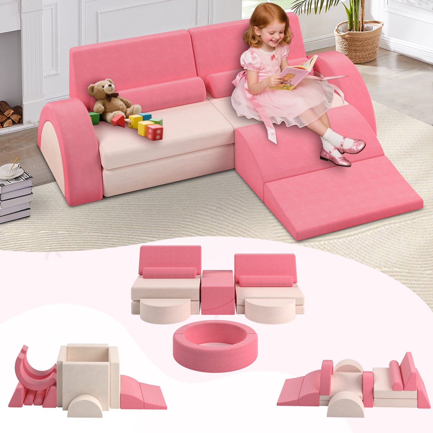 HSUNNS 11 PCS Nugget Couch Kids for 2-7 Years, Sponge Huddle Couch Modular Toddler Sofa for Playroom and Living Room, Fold Out Couch Play Set for Imaginative Boy Girl, Pink