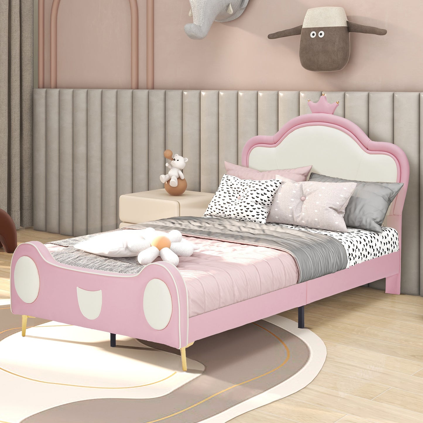 HSUNNS Twin Size Girl Bed with Crown Headboard, Soft PU Upholstered Princess Platform Bed Frame with Storage Pocket, No Spring Box Needed, Easy Assembly,Pink