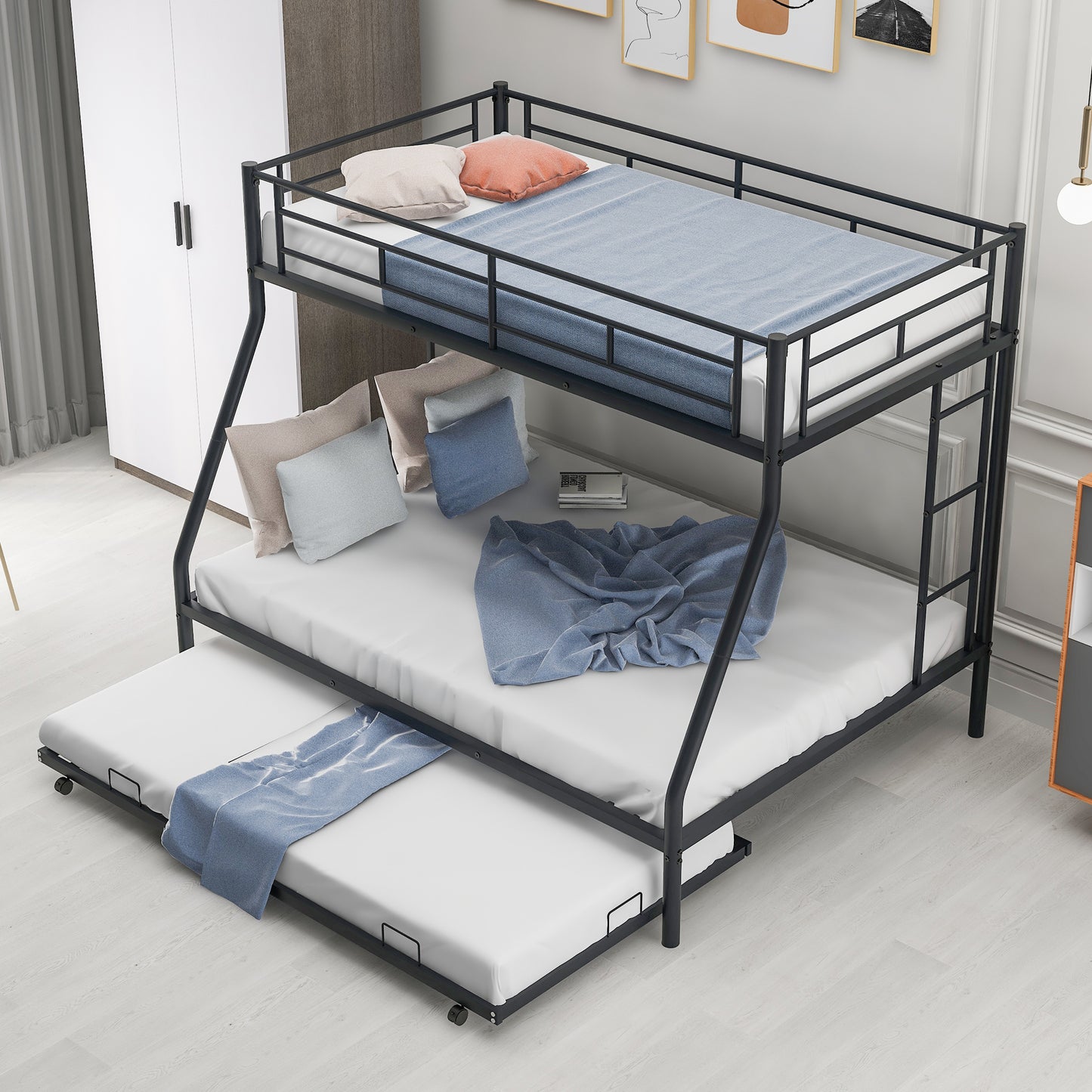 Bunk Bed Twin Over Twin, HSUNNS Metal Bunk Bed with Trundle, Twin Size Convertible Trundle Bunk Bed Frame for Kids Teens, Dorm Room Metal Twin Bed Frame with Ladder, No Box Spring Needed, Silver, A4279