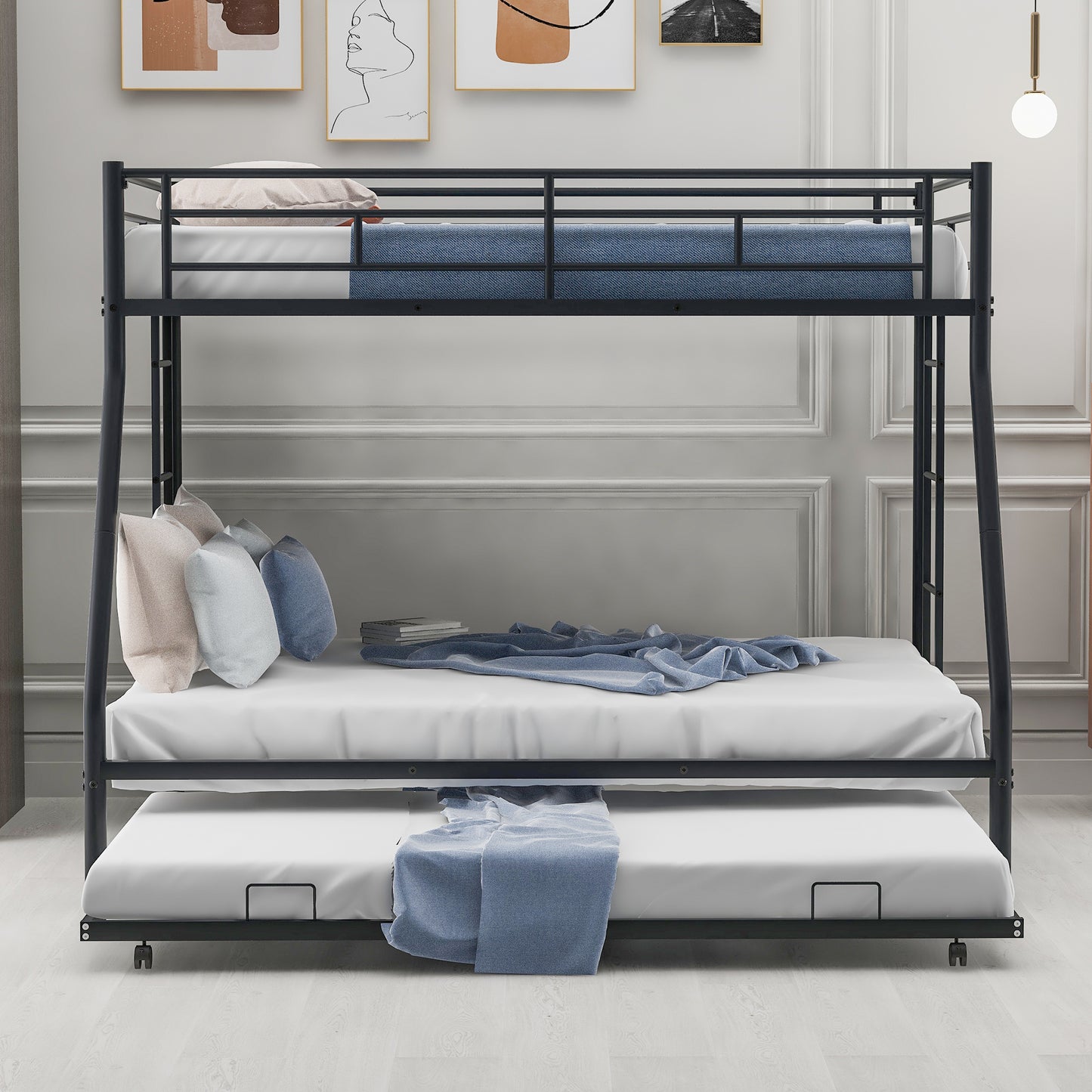 Bunk Bed Twin Over Twin, HSUNNS Metal Bunk Bed with Trundle, Twin Size Convertible Trundle Bunk Bed Frame for Kids Teens, Dorm Room Metal Twin Bed Frame with Ladder, No Box Spring Needed, Silver, A4279