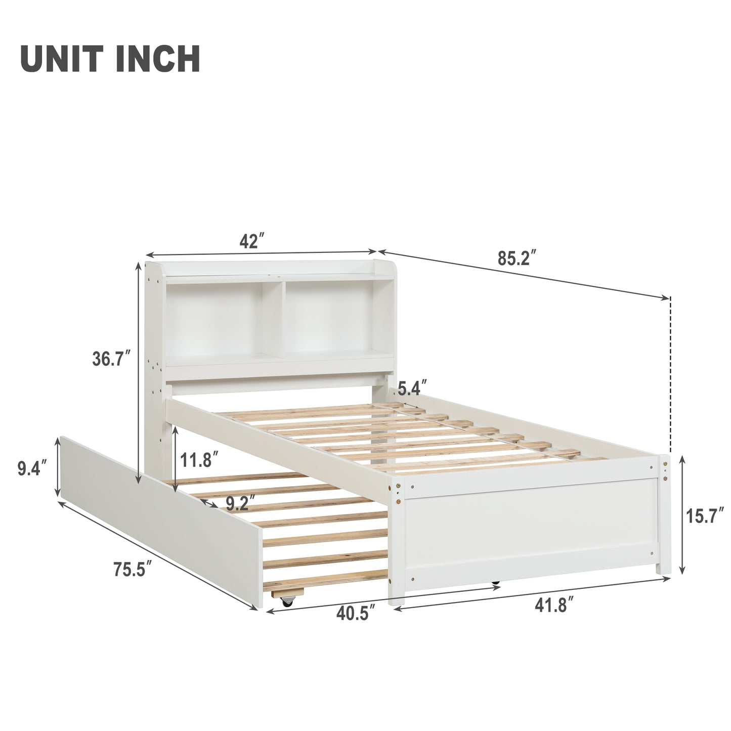 HSUNNS Twin Bed Frame with Trundle and Storage Bookcase, Modern Platform Bed Frame with Pull Out Trundle, Solid Wood Trundle Bed with Headboard and Footboard, No Box Spring Needed, White