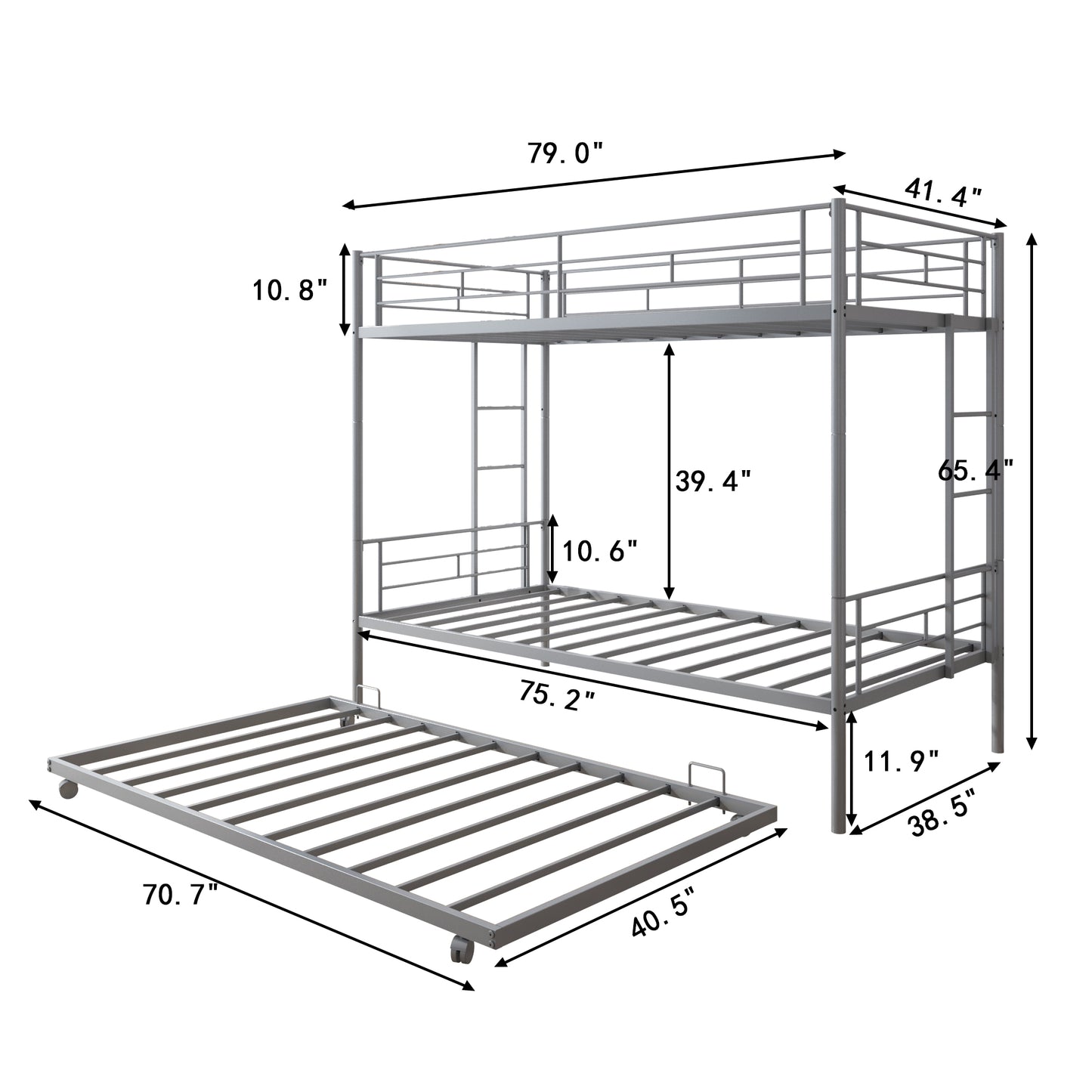 Twin Over Twin Metal Bunk Beds with Trundle, HSUNNS Convertible Bunk Beds Twin Size for Kids Adults, Bunk Bed Can Be Divided into 3 Beds, No Box Spring Needed, 350lbs Capacity, Silver