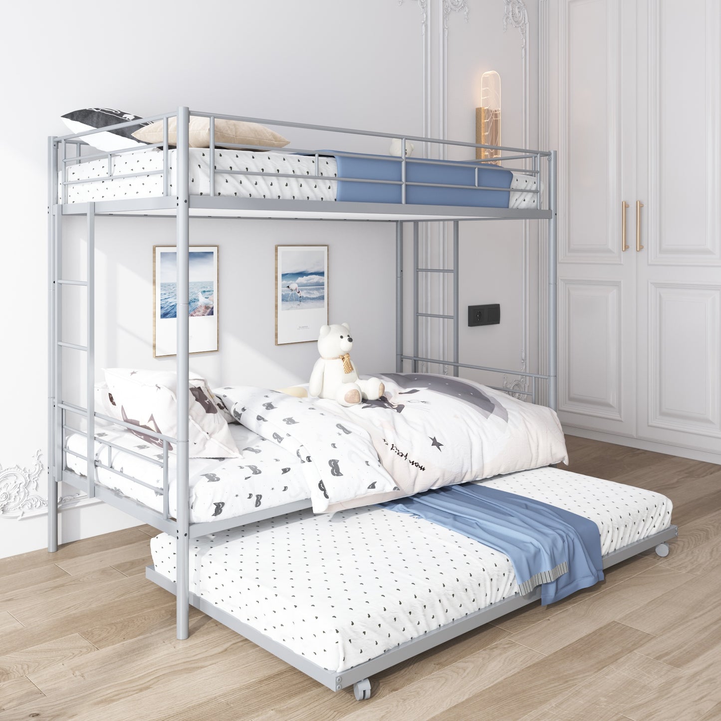 Twin Over Twin Metal Bunk Beds with Trundle, HSUNNS Convertible Bunk Beds Twin Size for Kids Adults, Bunk Bed Can Be Divided into 3 Beds, No Box Spring Needed, 350lbs Capacity, Silver