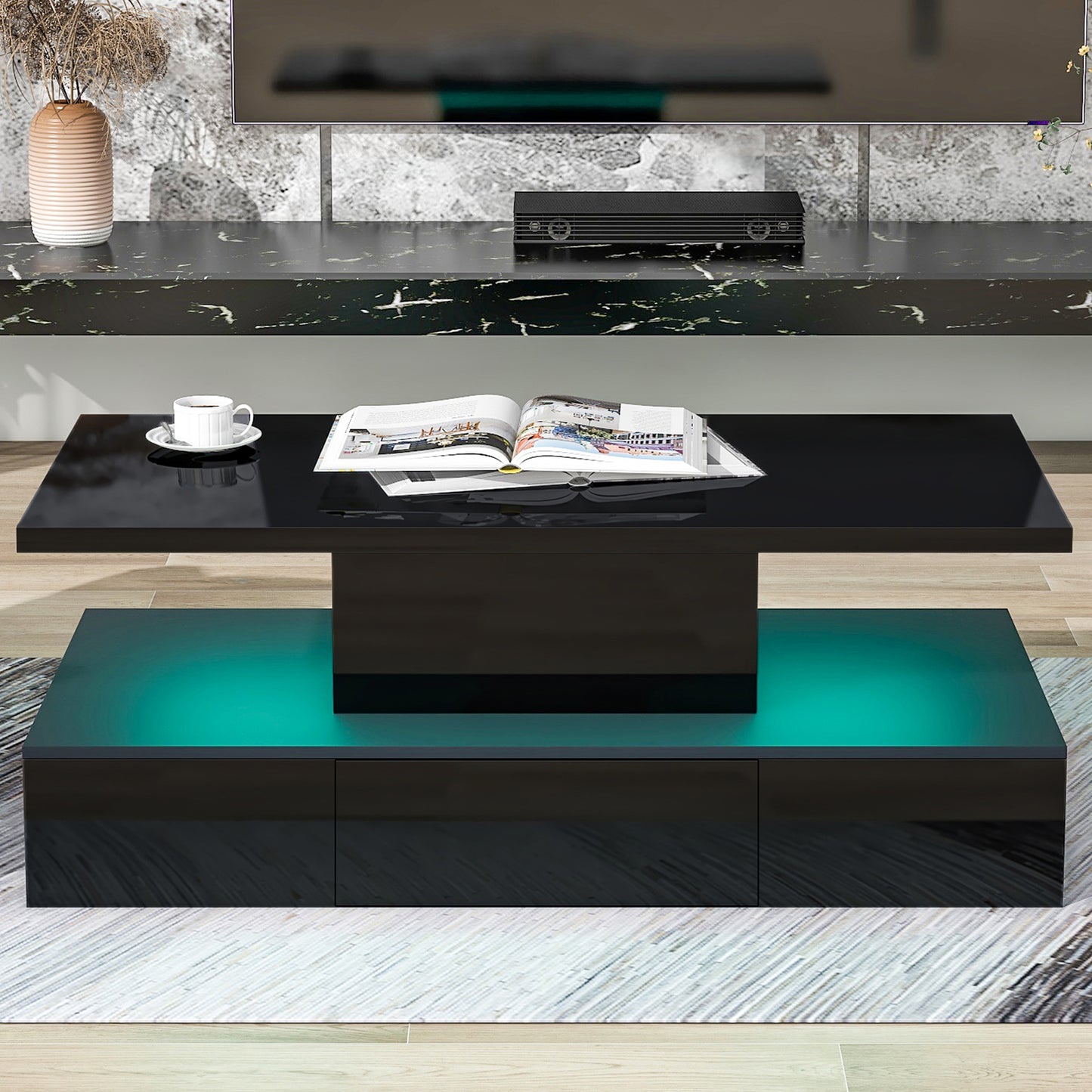 HSUNNS Black LED Coffee Table for Living Room, Modern High Glossy Center Table with 4 Drawers, Smart Cocktail Table Rectangle, Sofa Side Tea Tables with LED Lights, 40" L×24" W×15" H