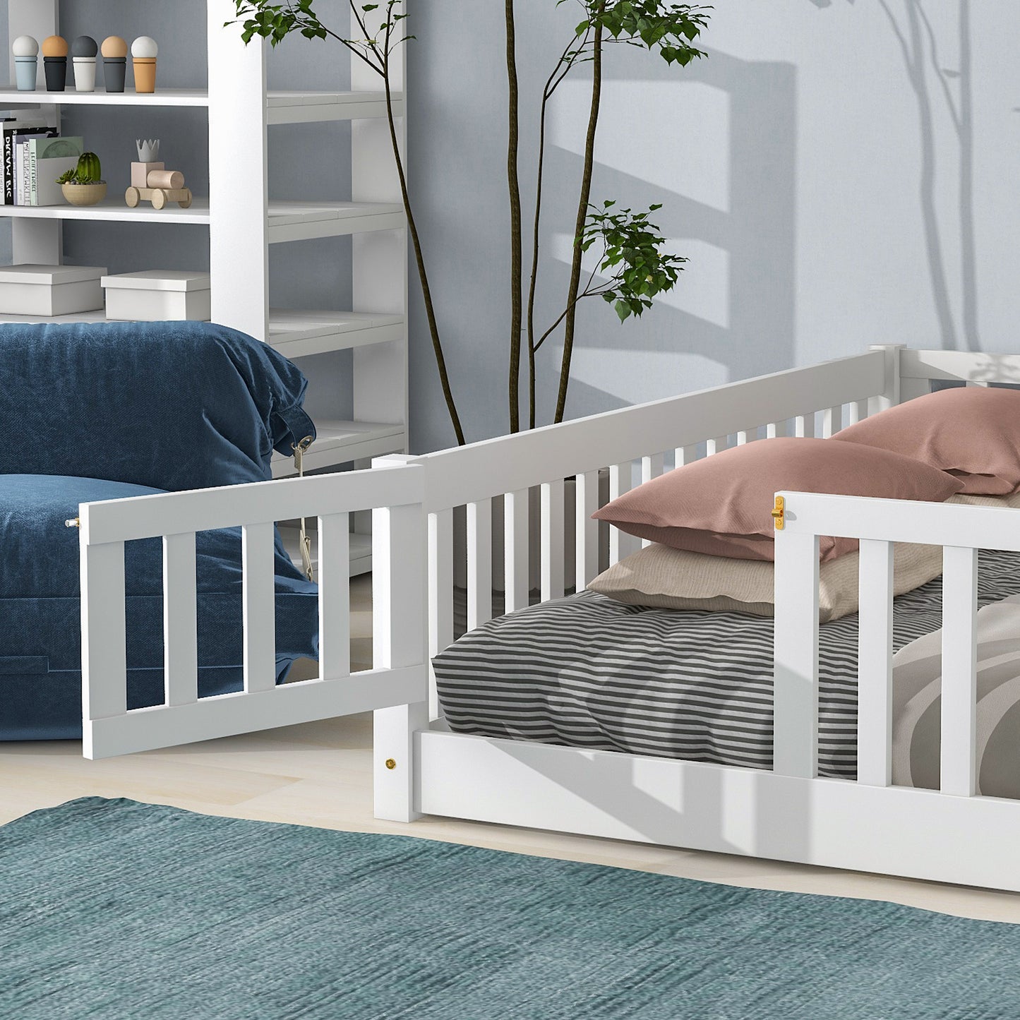Twin Size Floor Bed for Kids, HSUNNS Twin Size Wood Toddler Floor Bed with Fence and Door, Twin Bed Montessori Floor Bed No Box Spring needed, Toddler Bed for Boys Girls, Slats Support, Gray