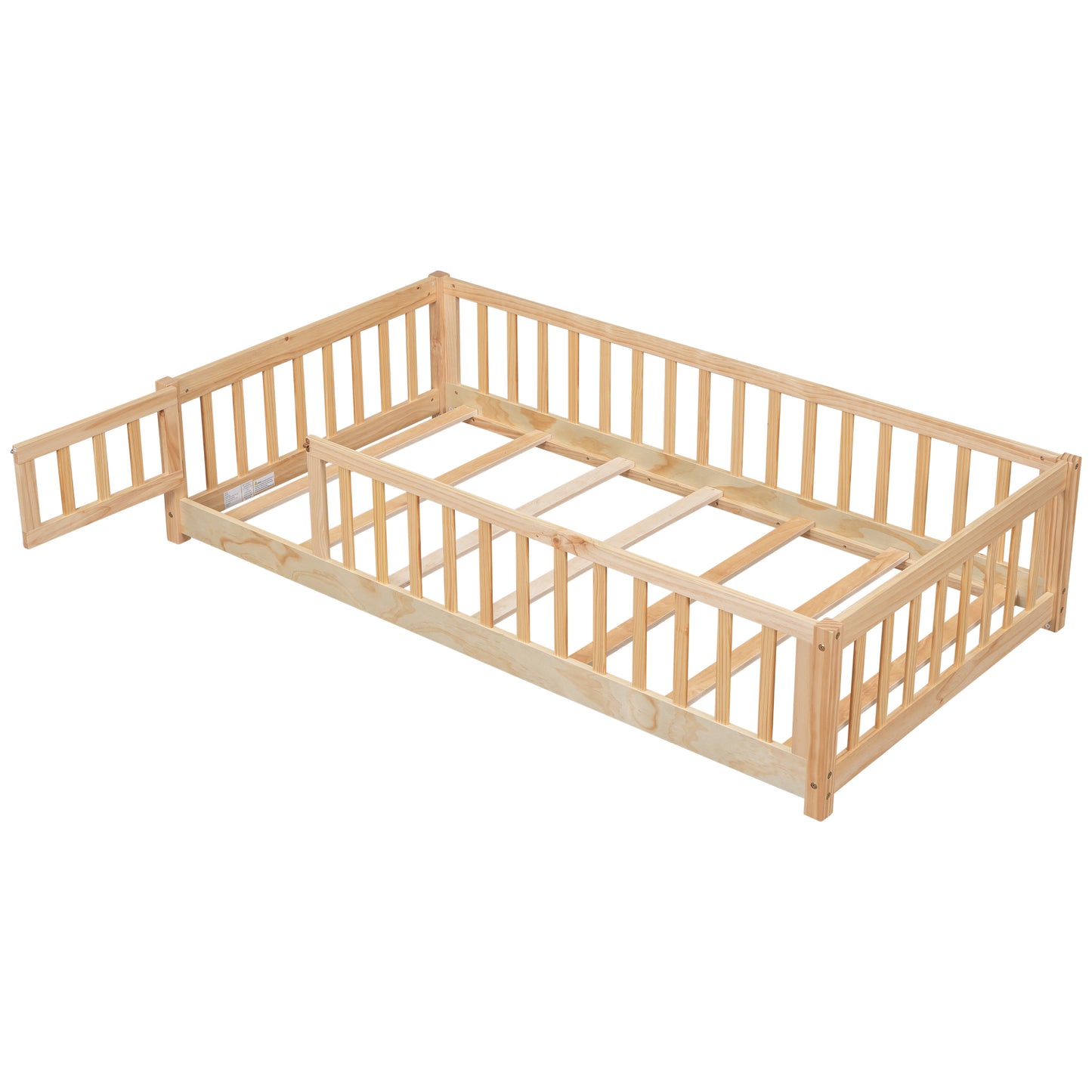 Twin Size Floor Bed for Kids, HSUNNS Twin Size Wood Toddler Floor Bed with Fence and Door, Twin Bed Montessori Floor Bed No Box Spring needed, Toddler Bed for Boys Girls, Slats Support, Gray