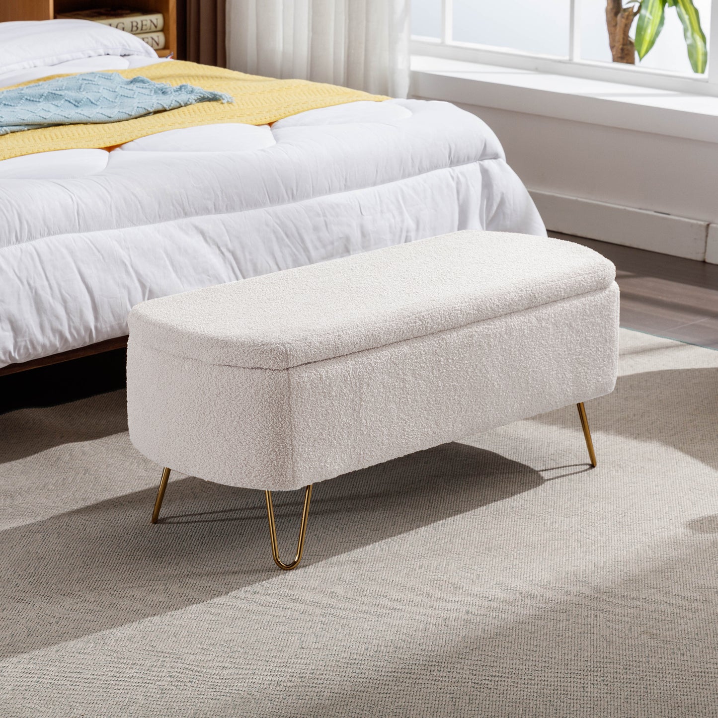 HSUNNS 40″ Upholstered Storage Ottoman Bench for Bedroom End of Bed, Bedroom Bench with Metal Legs and Padded Seat, Modern Entryway Bench for Bedroom, Living Room, Ivory