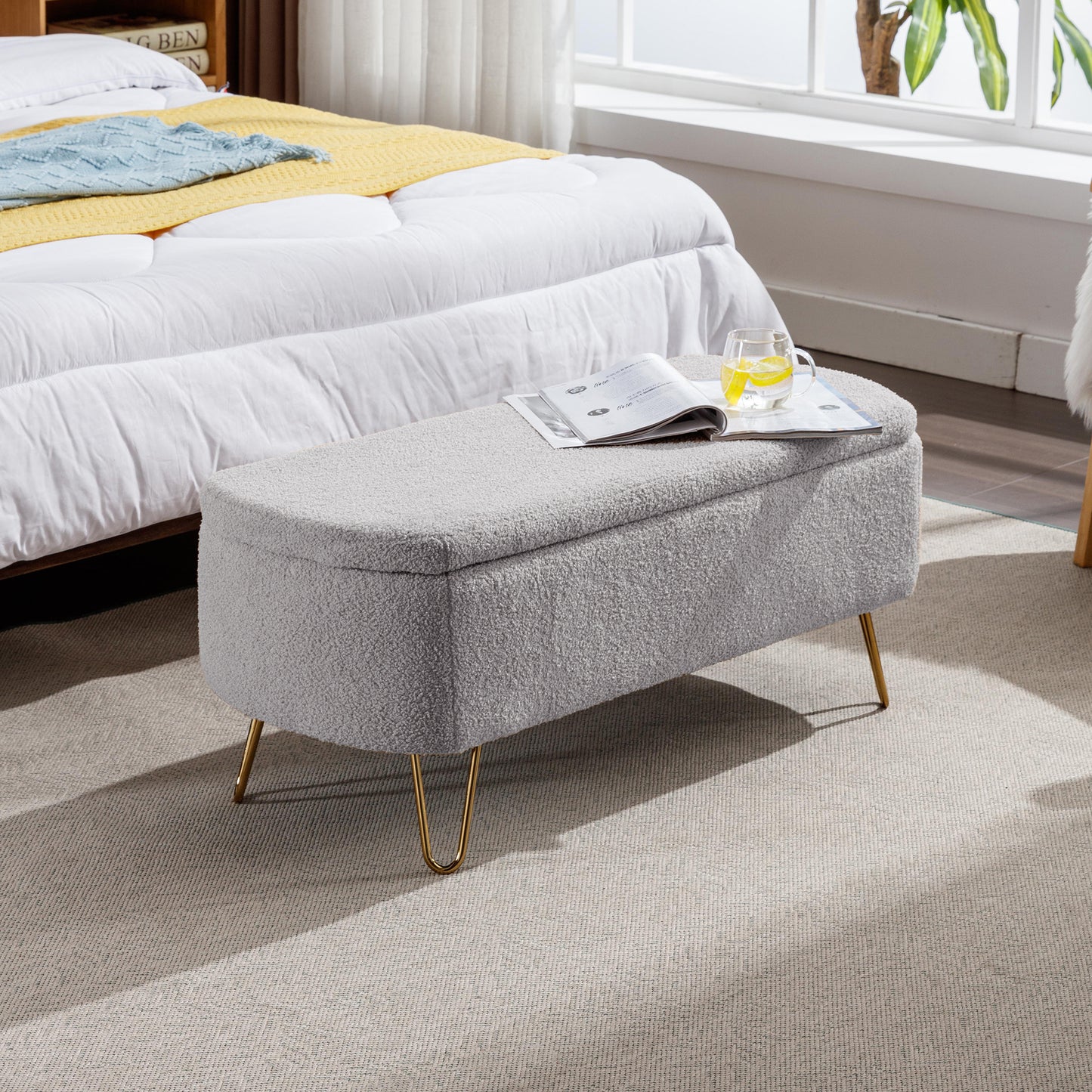 HSUNNS 40″ Upholstered Storage Ottoman Bench for Bedroom End of Bed, Bedroom Bench with Metal Legs and Padded Seat, Modern Entryway Bench for Bedroom, Living Room, Ivory