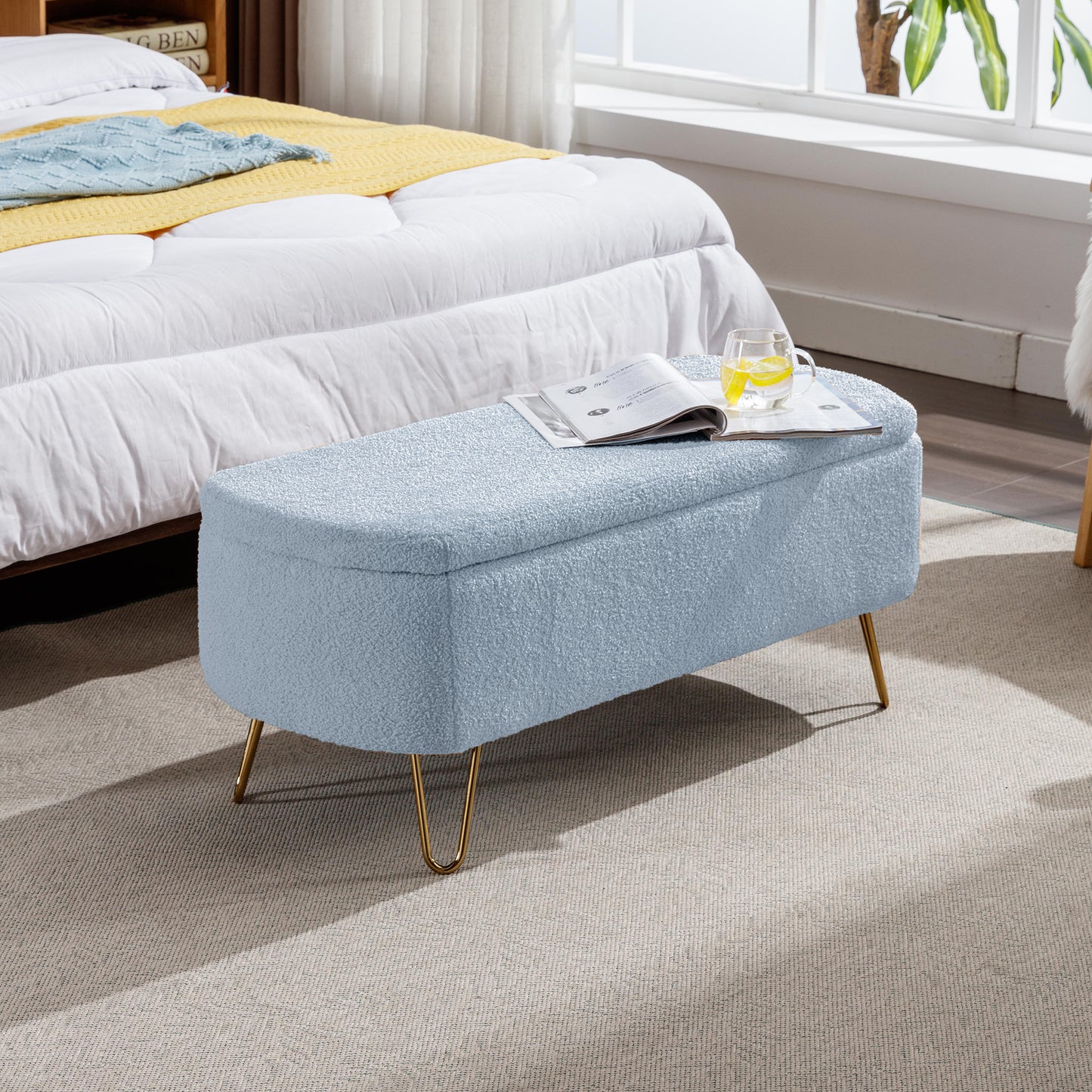 HSUNNS 40″ Upholstered Storage Ottoman Bench for Bedroom End of Bed, Bedroom Bench with Metal Legs and Padded Seat, Modern Entryway Bench for Bedroom, Living Room, Ivory
