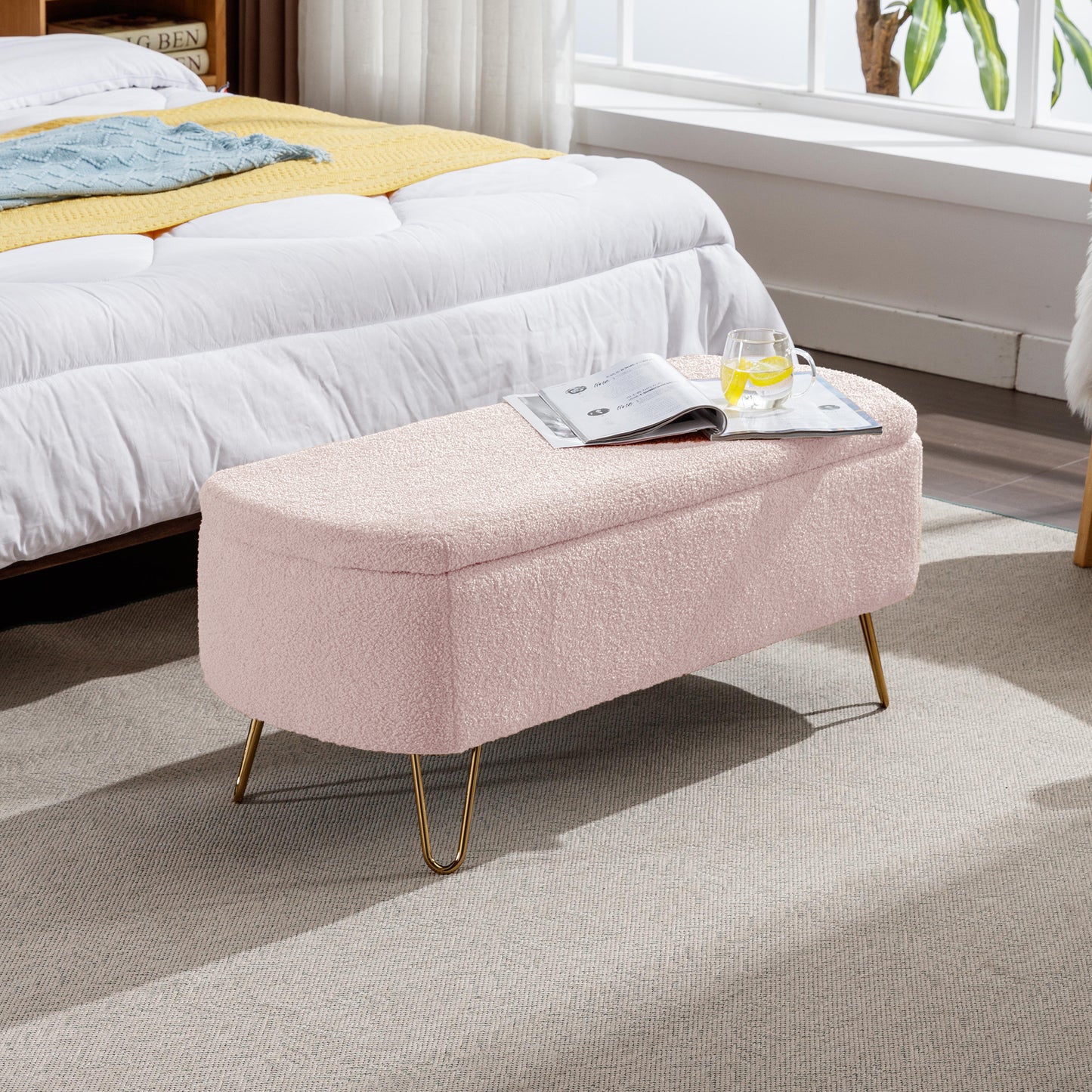 HSUNNS 40″ Upholstered Storage Ottoman Bench for Bedroom End of Bed, Bedroom Bench with Metal Legs and Padded Seat, Modern Entryway Bench for Bedroom, Living Room, Ivory